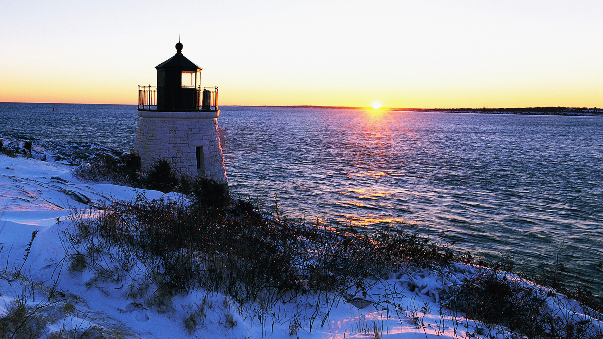 landscape, winter, sunset, sea, snow, lighthouses