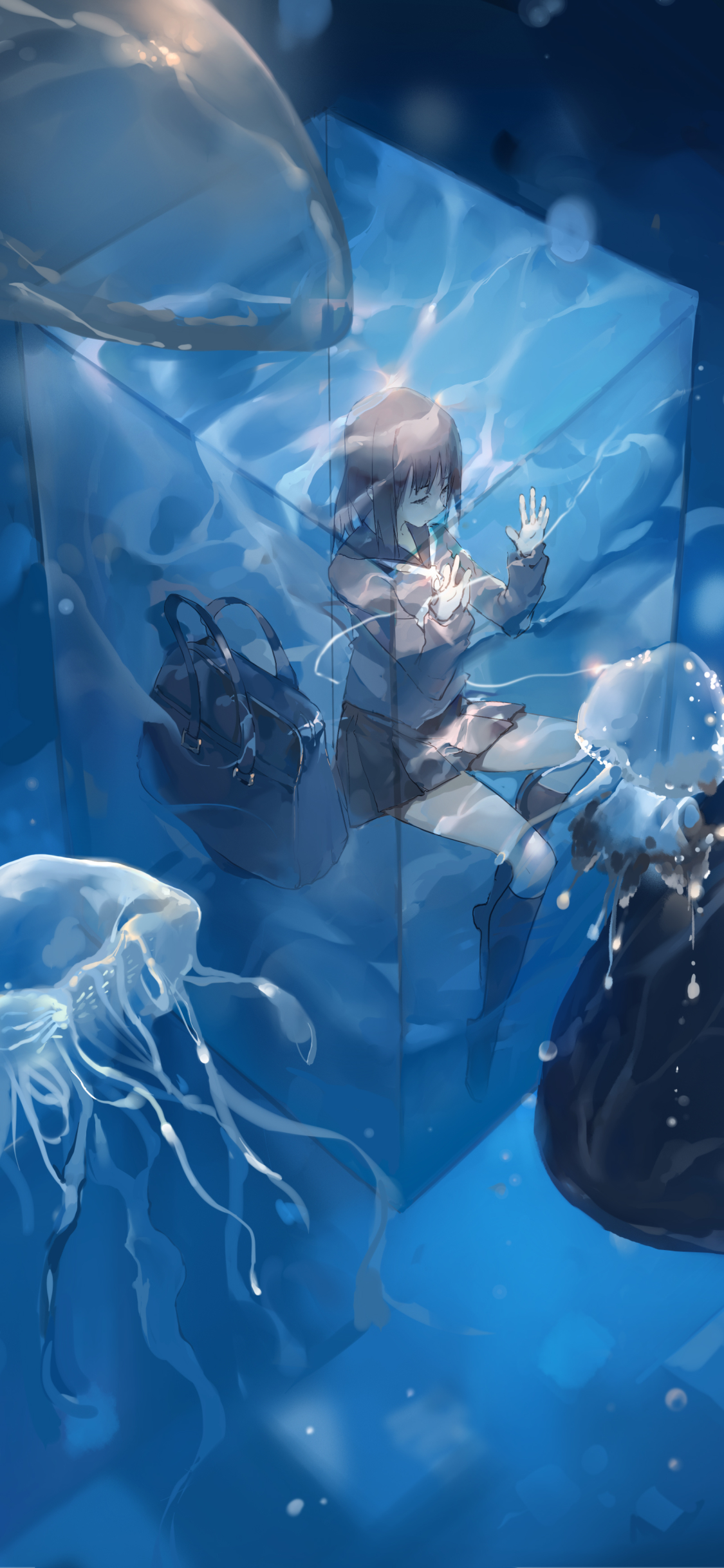 Download mobile wallpaper Anime, Jellyfish, Bag, Underwater, Brown Hair for free.