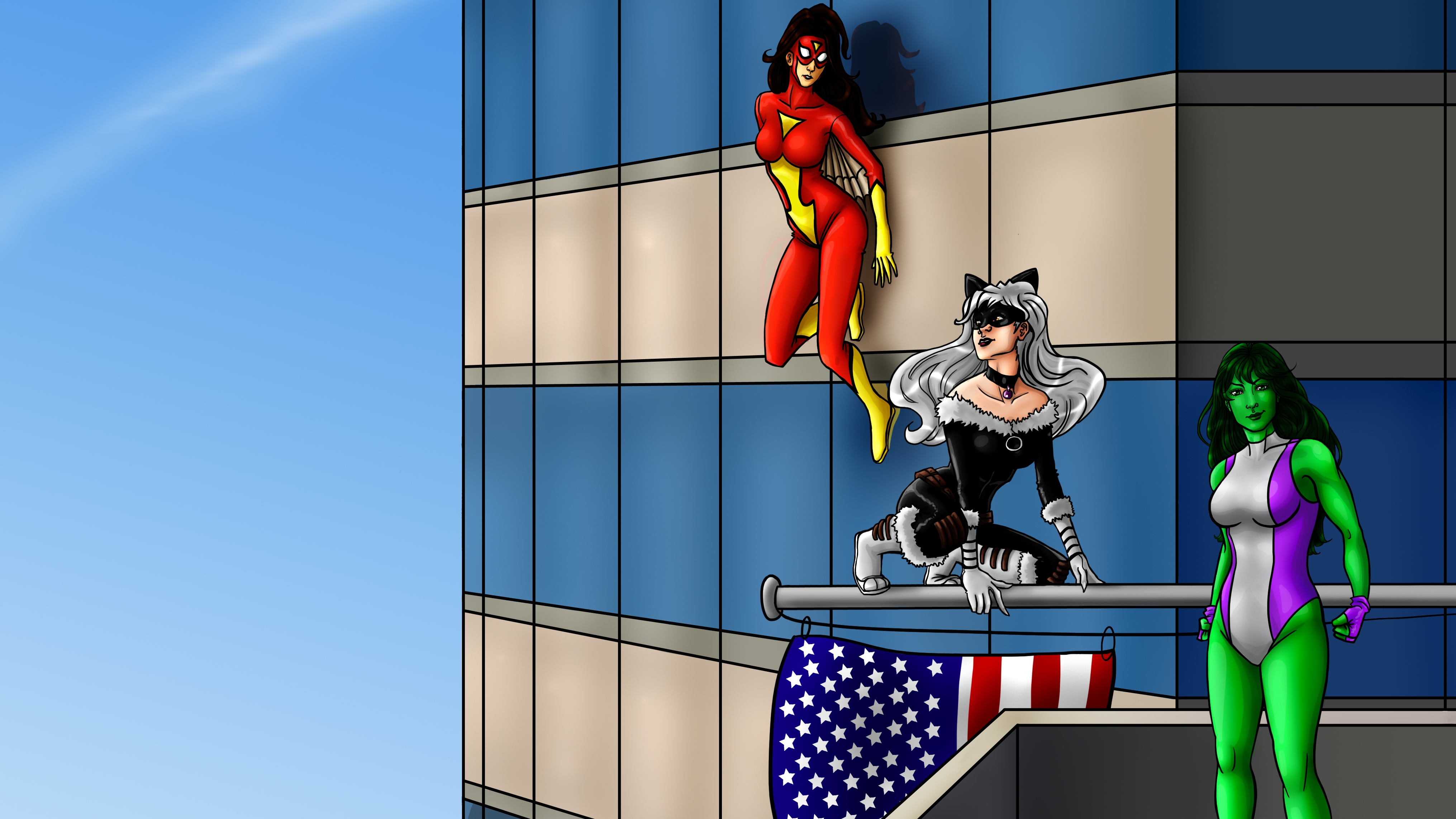 Скачать обои бесплатно Коллаж, Комиксы, Черная Кошка (Marvel Comics), Женщина Халк, Женщина Паук картинка на рабочий стол ПК
