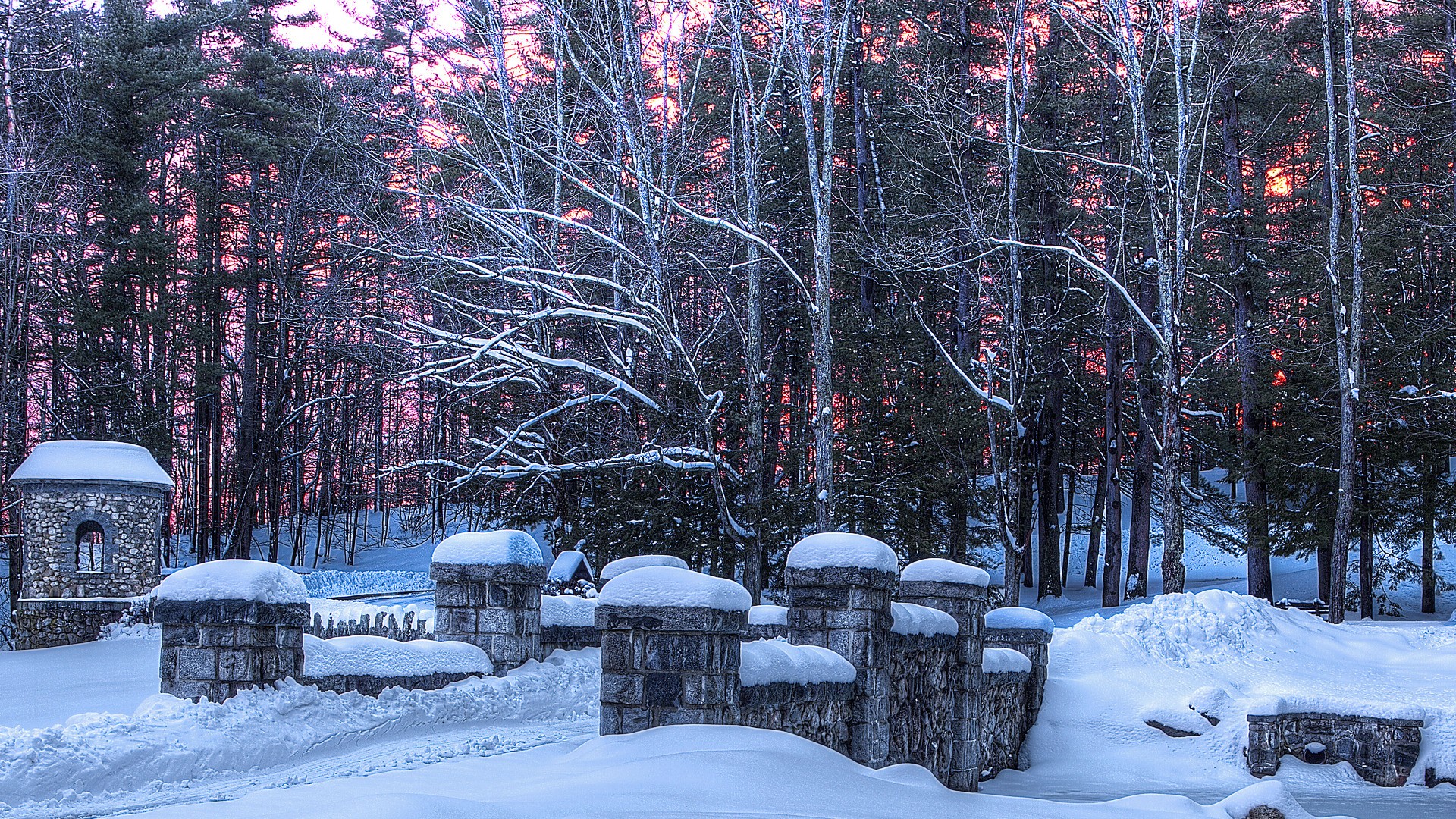 Free download wallpaper Winter, Snow, Forest, Earth, Bridge, Stone, Photography on your PC desktop