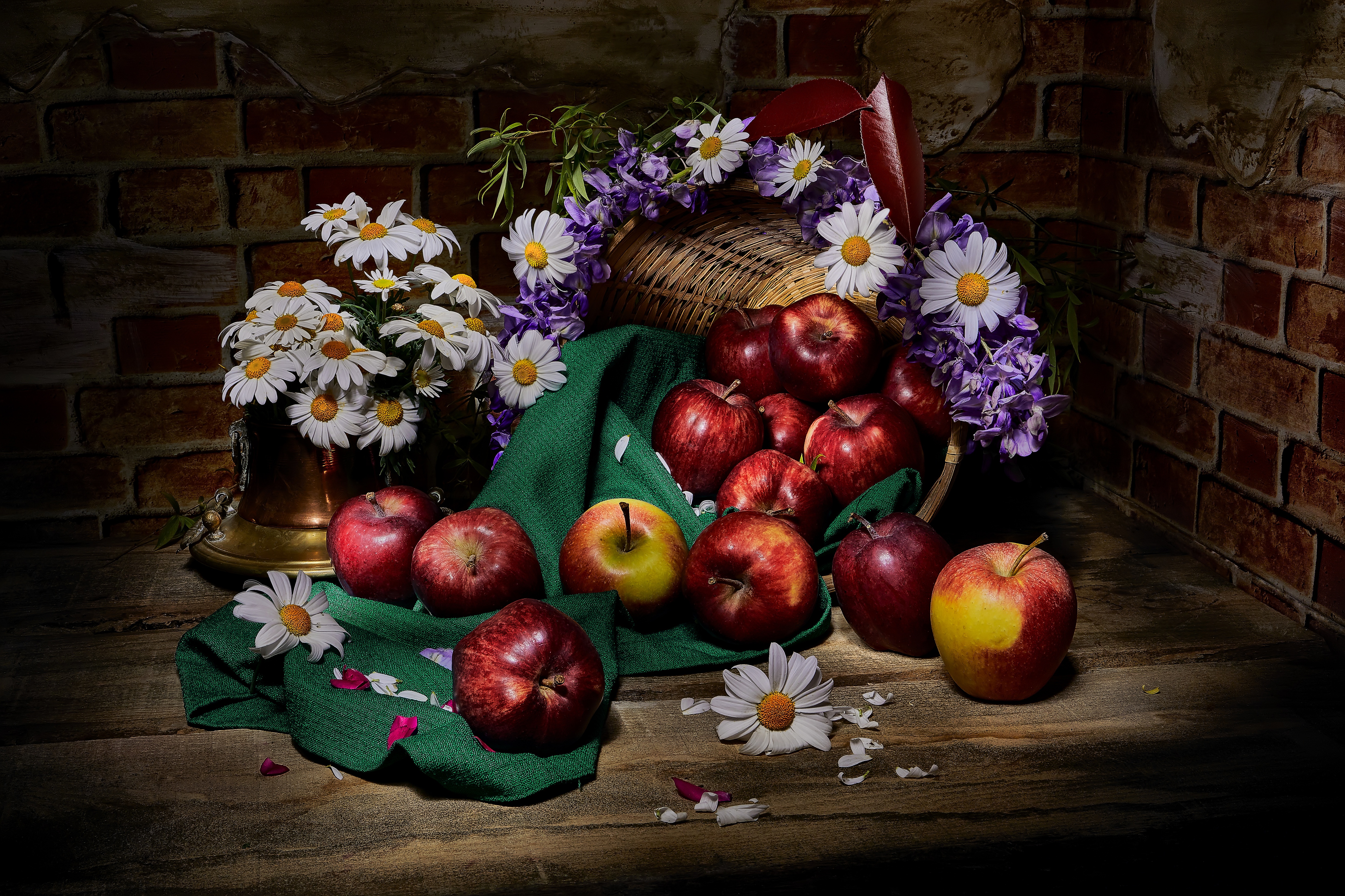 Download mobile wallpaper Apple, Still Life, Flower, Fruit, Basket, Chamomile, Photography for free.