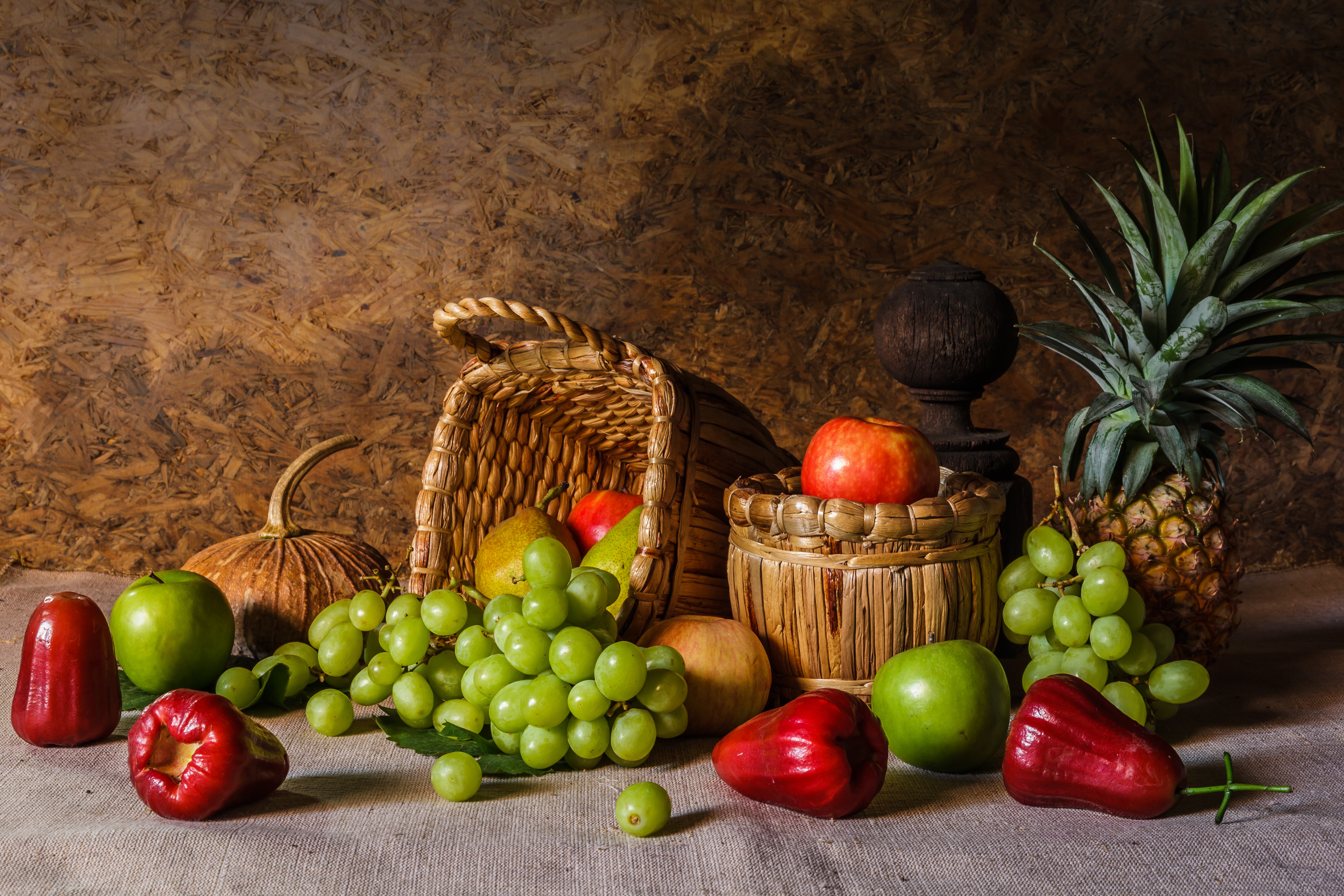 Download mobile wallpaper Food, Apple, Grapes, Still Life, Fruit, Pineapple for free.