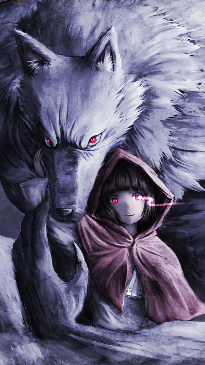 Download mobile wallpaper Fantasy, Wolf, Child, Hood, Red Eyes, Red Riding Hood for free.