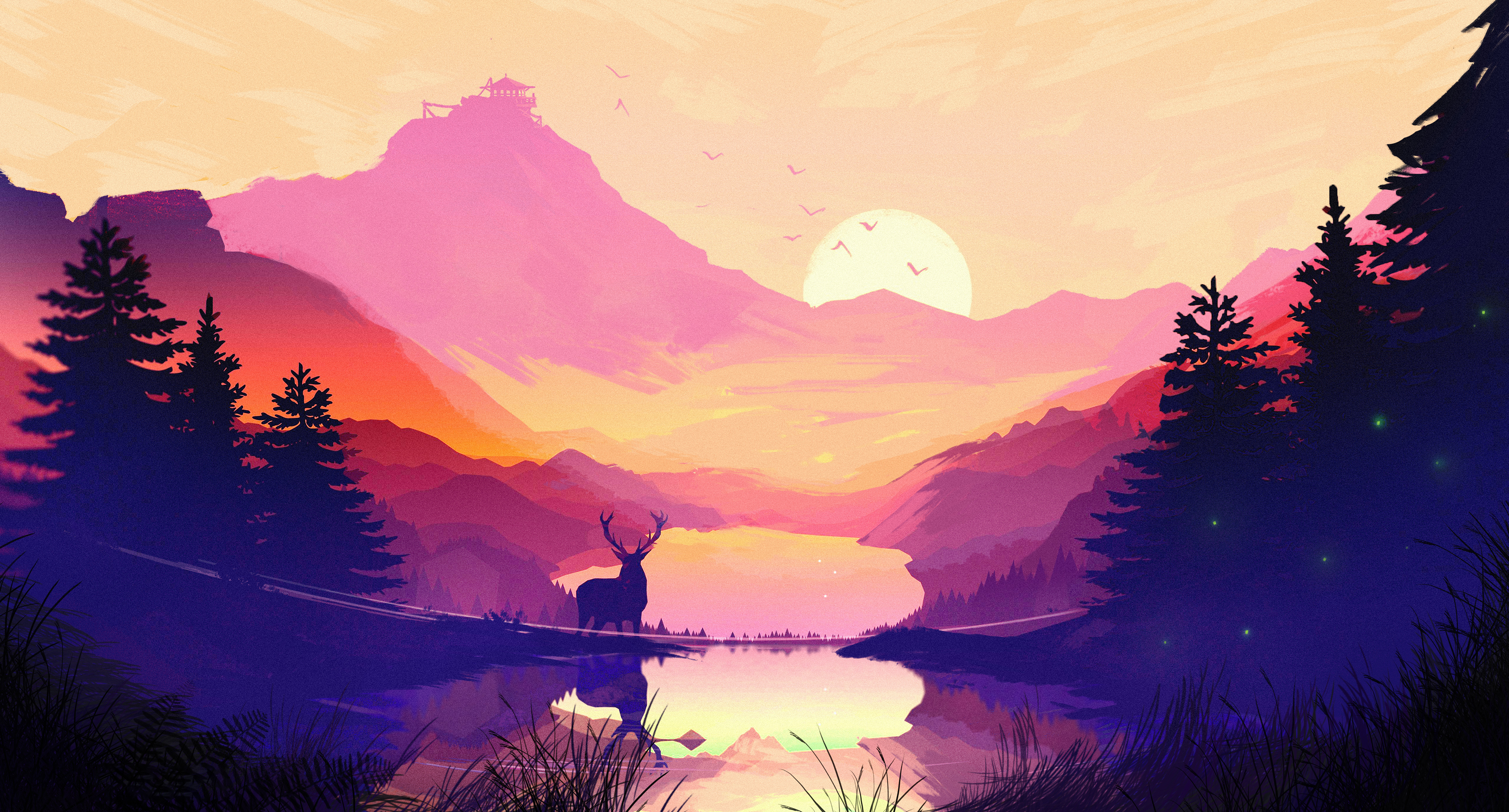 Free download wallpaper Landscape, Sunrise, Deer, Artistic on your PC desktop