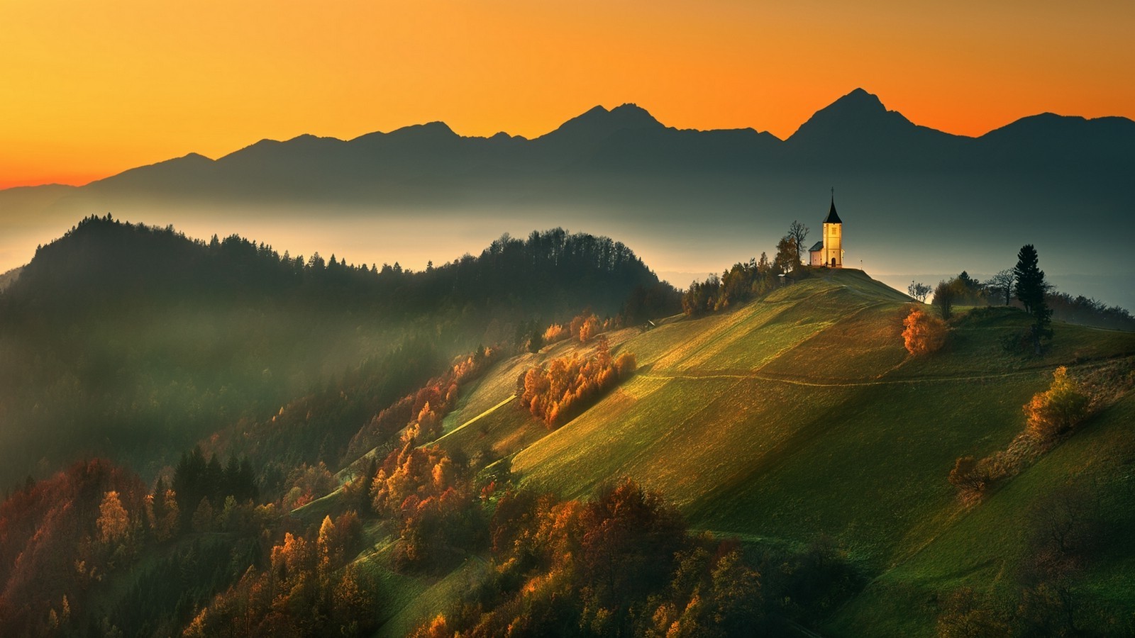 Free download wallpaper Landscape, Sunset, Mountain, Church, Churches, Religious on your PC desktop