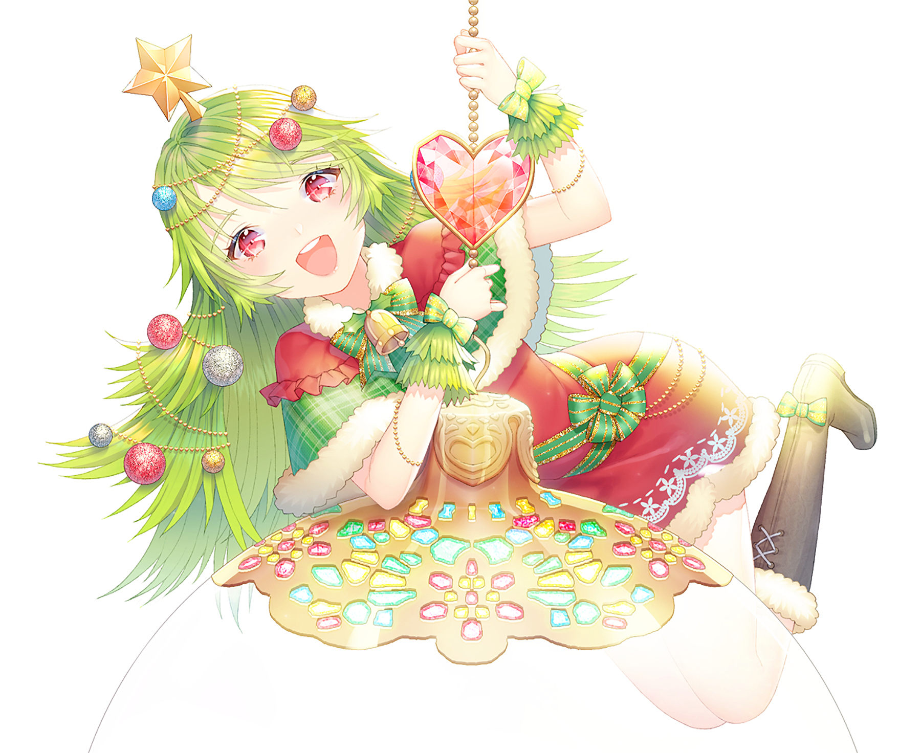 Free download wallpaper Anime, Christmas, Heart, Boots, Decoration, Green Hair, Dress, Star, Original, Red Eyes on your PC desktop