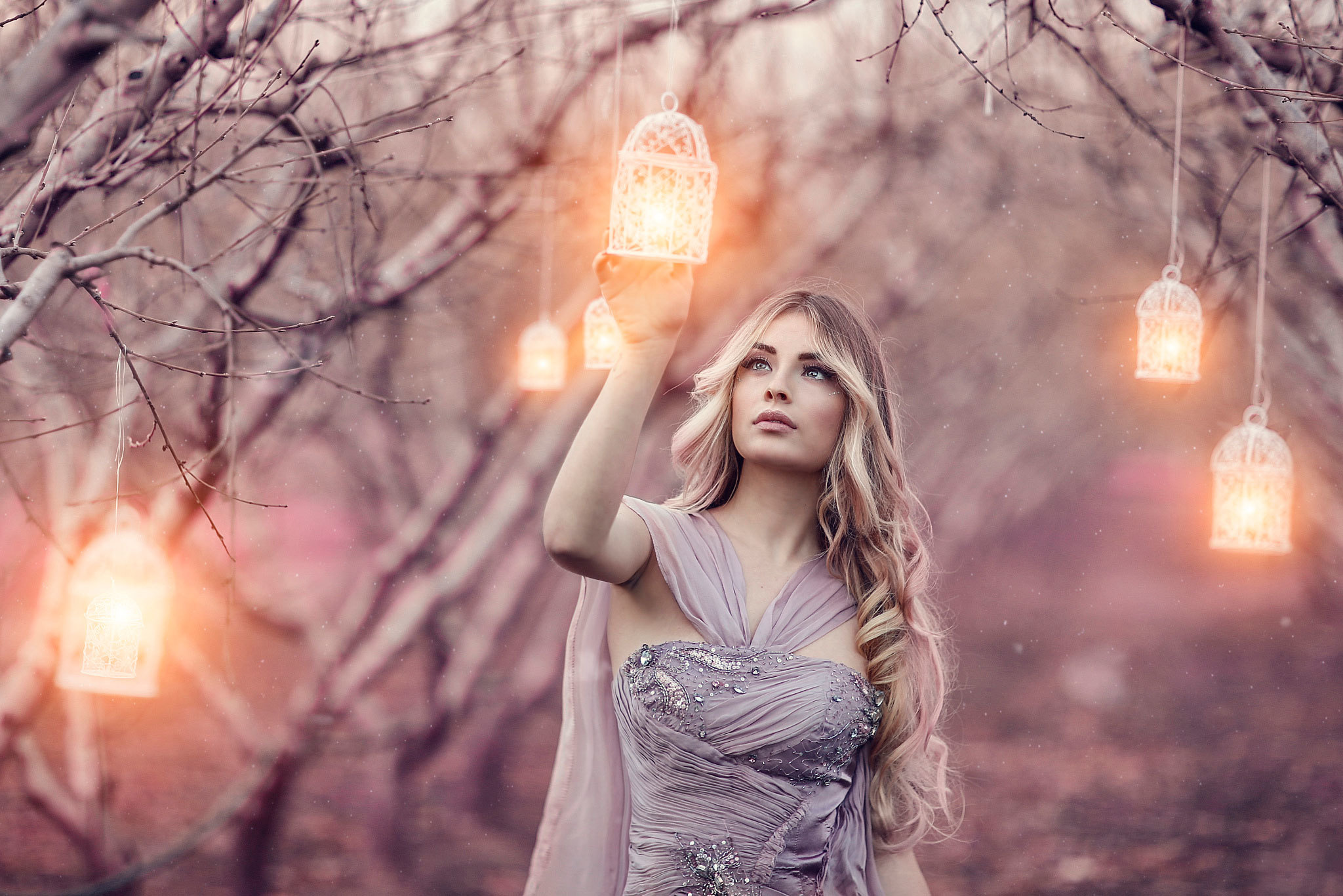 Download mobile wallpaper Lantern, Mood, Blonde, Model, Women, Outdoor for free.