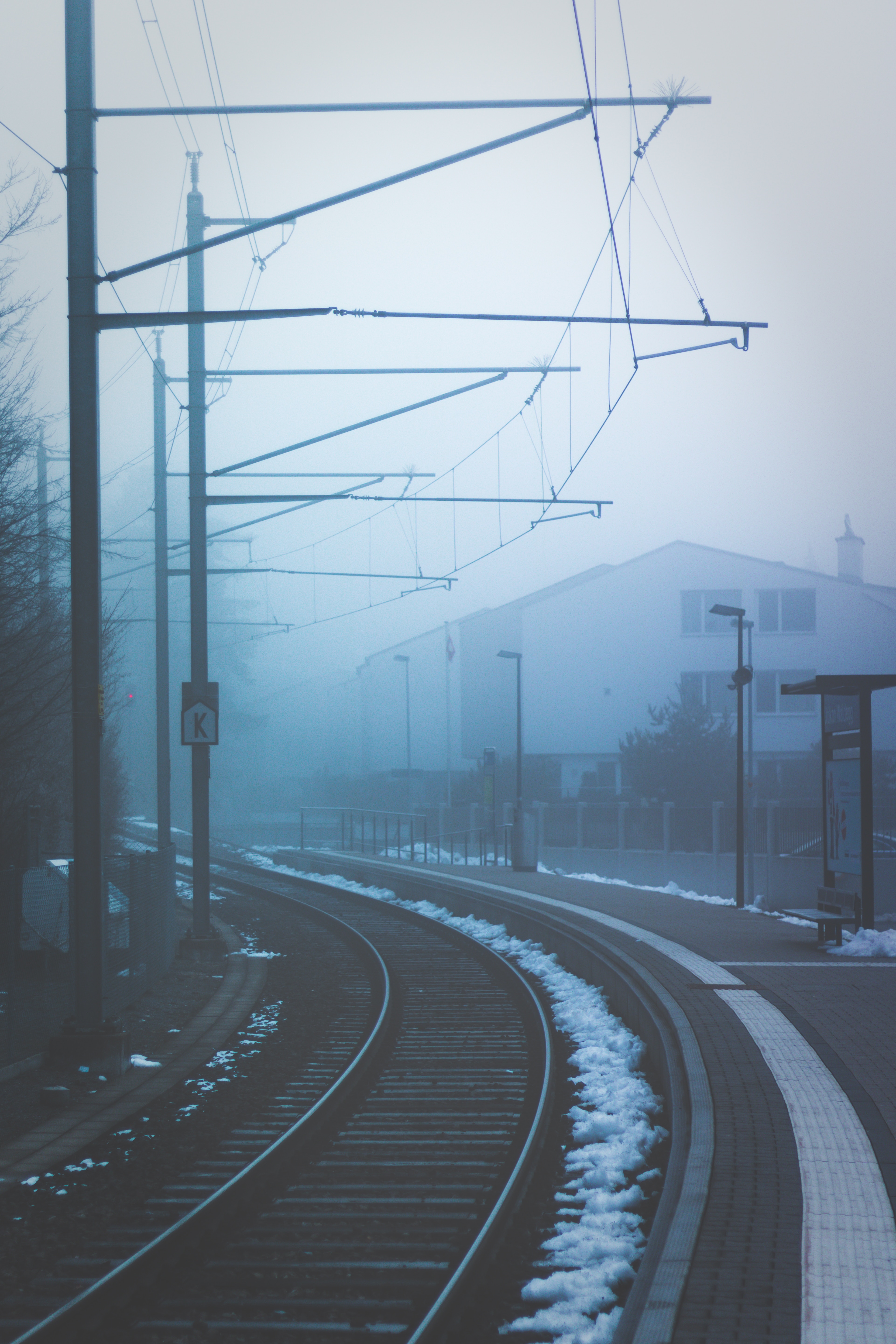 railway, turn, cities, fog, station Full HD