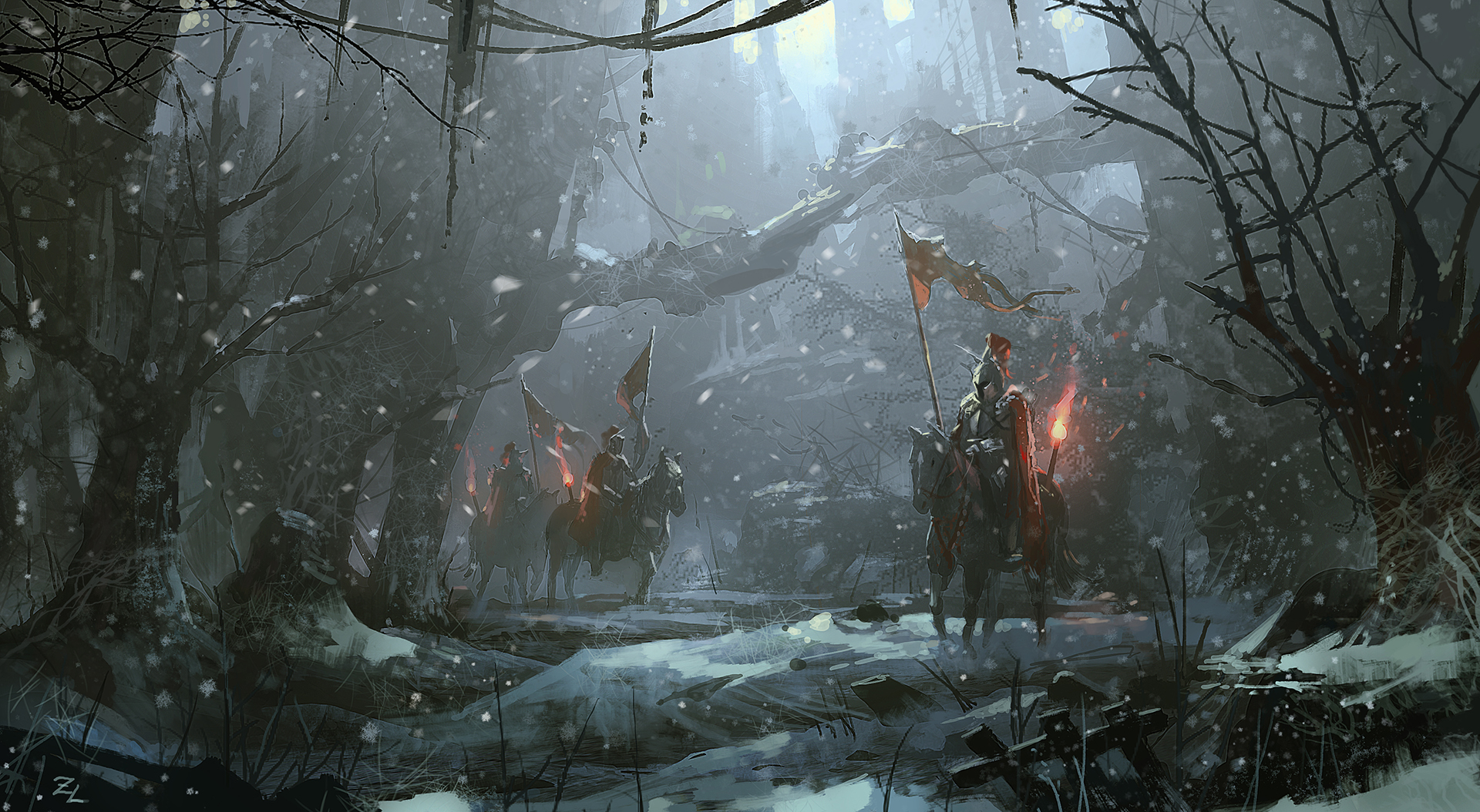 Download mobile wallpaper Fantasy, Flame, Tree, Warrior, Horse, Knight, Snowfall, Armor for free.