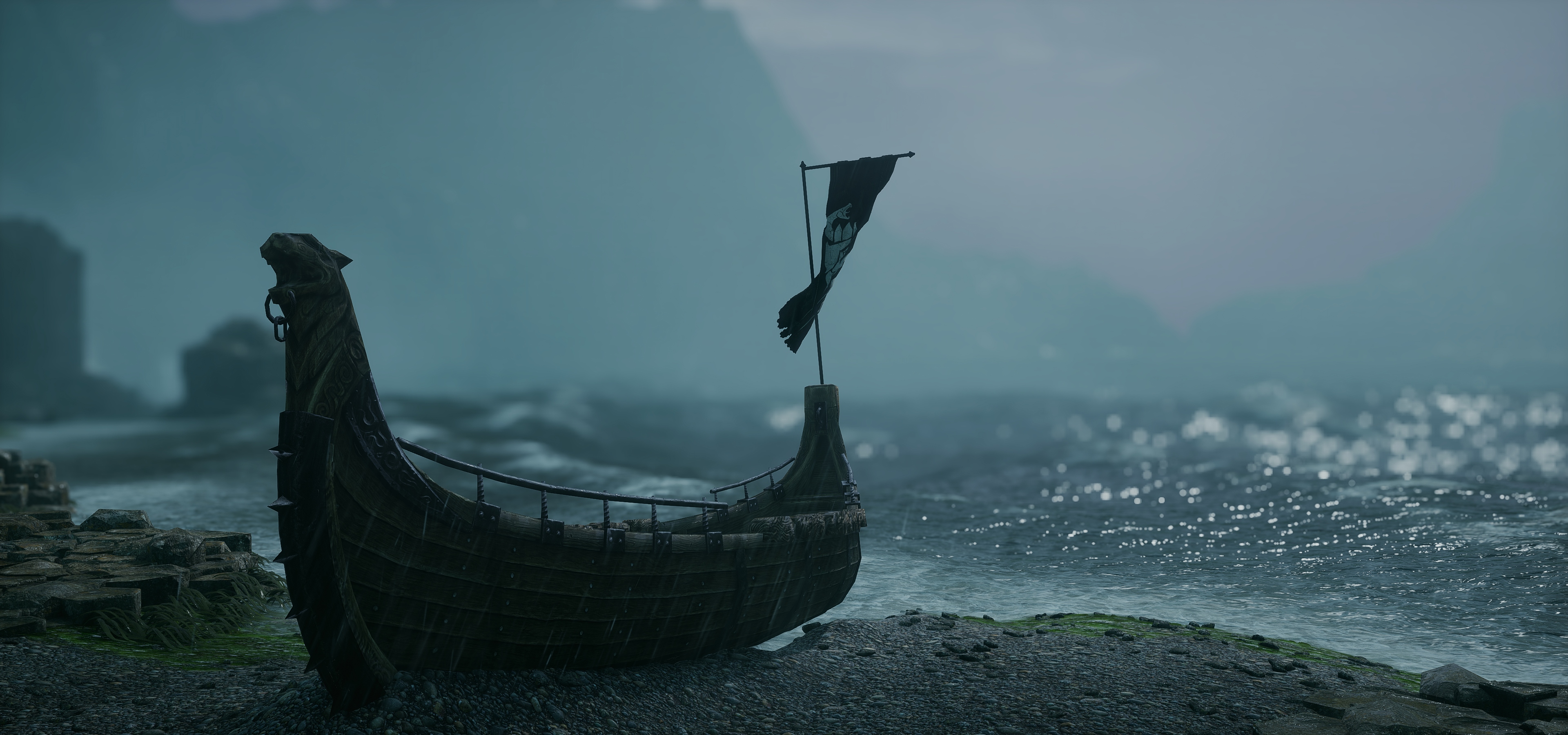 Скачать картинку Берег, Dragon Age: Инквизиция, Эпоха Драконов, Море, Лодка, Видеоигры, Дождь в телефон бесплатно.