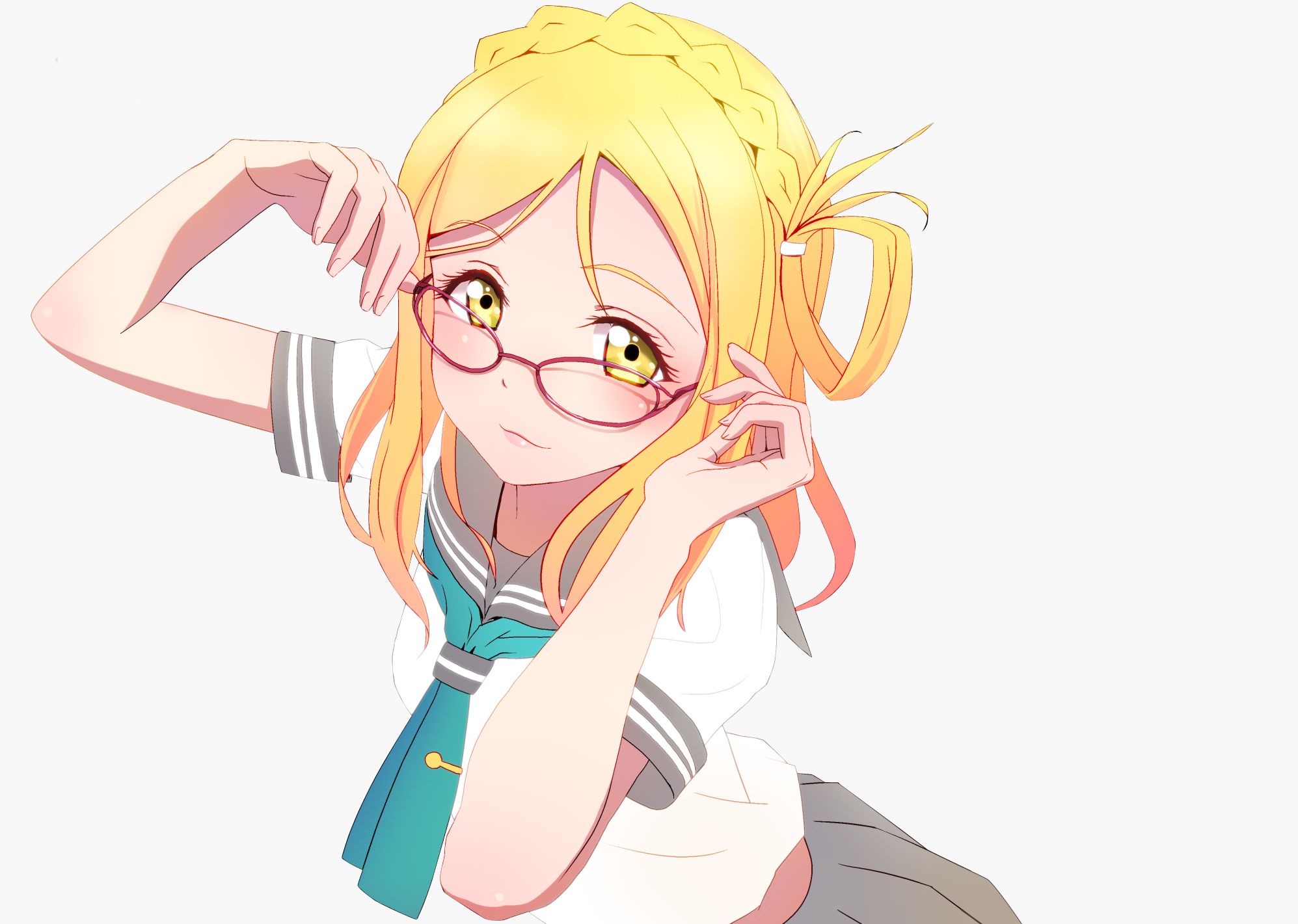 Download mobile wallpaper Anime, Smile, Blonde, Glasses, Yellow Eyes, Braid, Blush, School Uniform, Short Hair, Love Live!, Love Live! Sunshine!!, Mari Ohara for free.