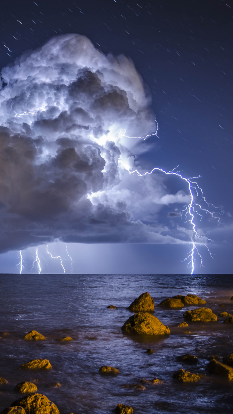 Descarga gratuita de fondo de pantalla para móvil de Naturaleza, Cielo, Noche, Relámpago, Horizonte, Océano, Nube, Fotografía.