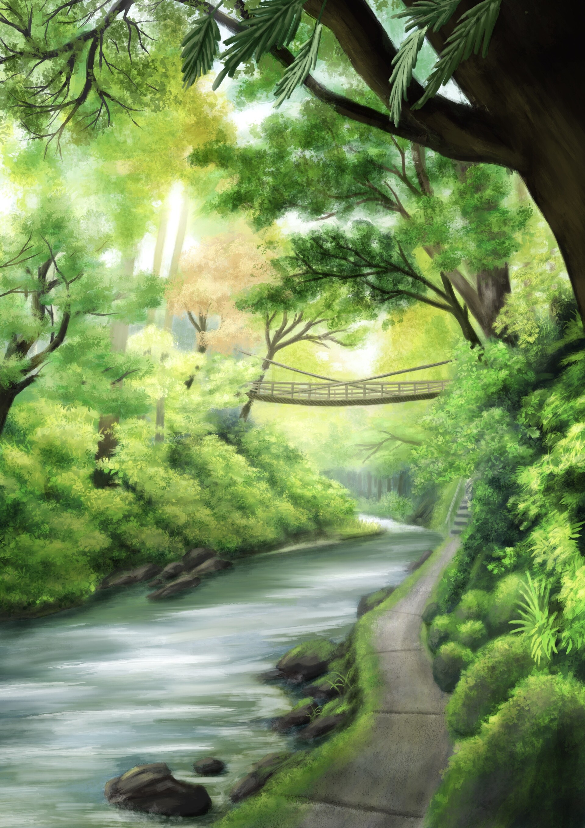 Скачать обои бесплатно Мост, Деревья, Берег, Река, Арт картинка на рабочий стол ПК