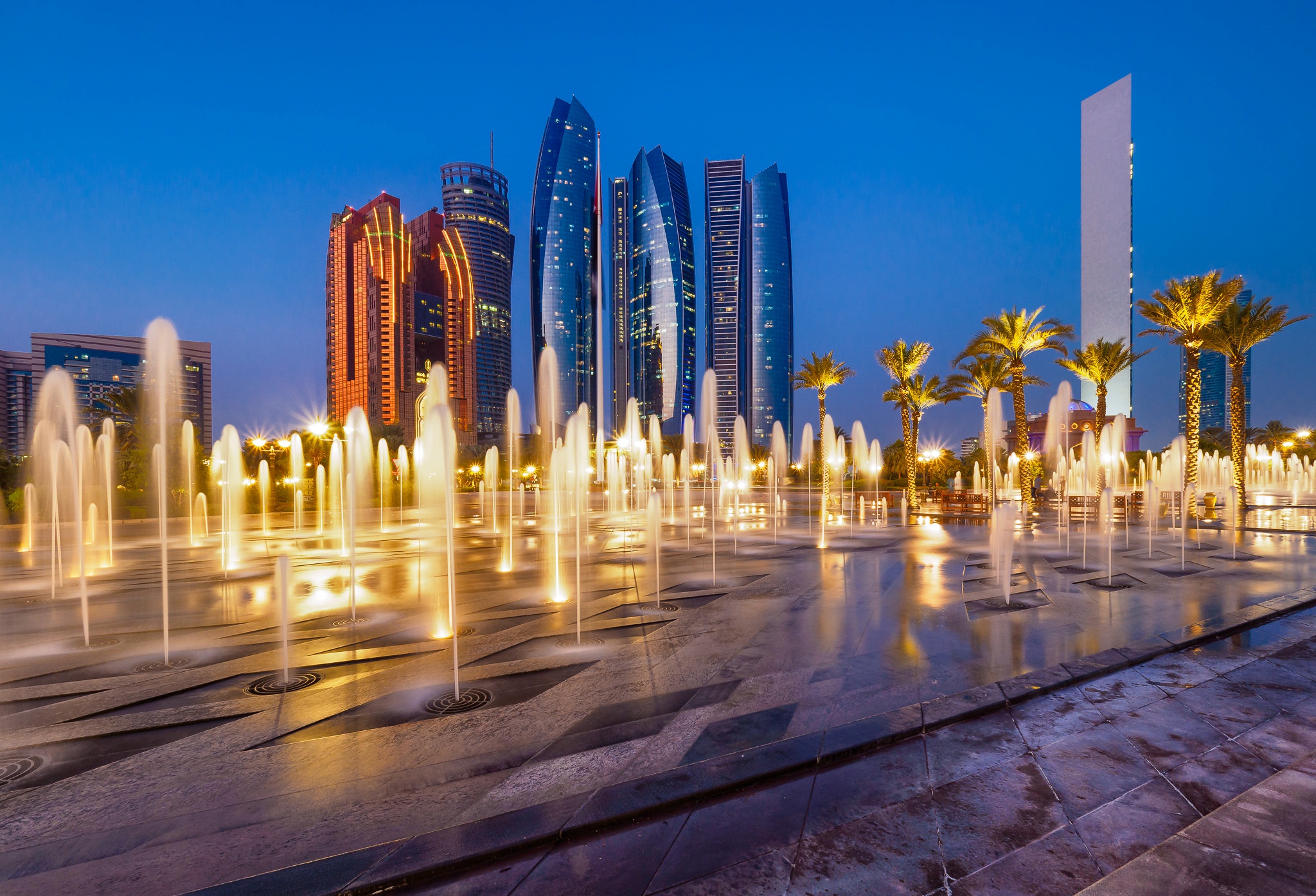 abu dhabi, united arab emirates, man made, building, fountain, night, skyscraper, cities