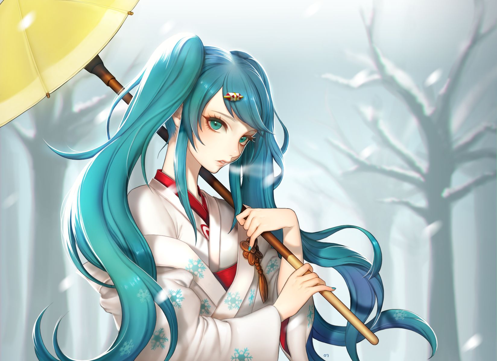 Free download wallpaper Anime, Umbrella, Vocaloid, Snowfall, Blue Eyes, Blush, Blue Hair, Hatsune Miku, Long Hair, Ponytail, Japanese Clothes on your PC desktop