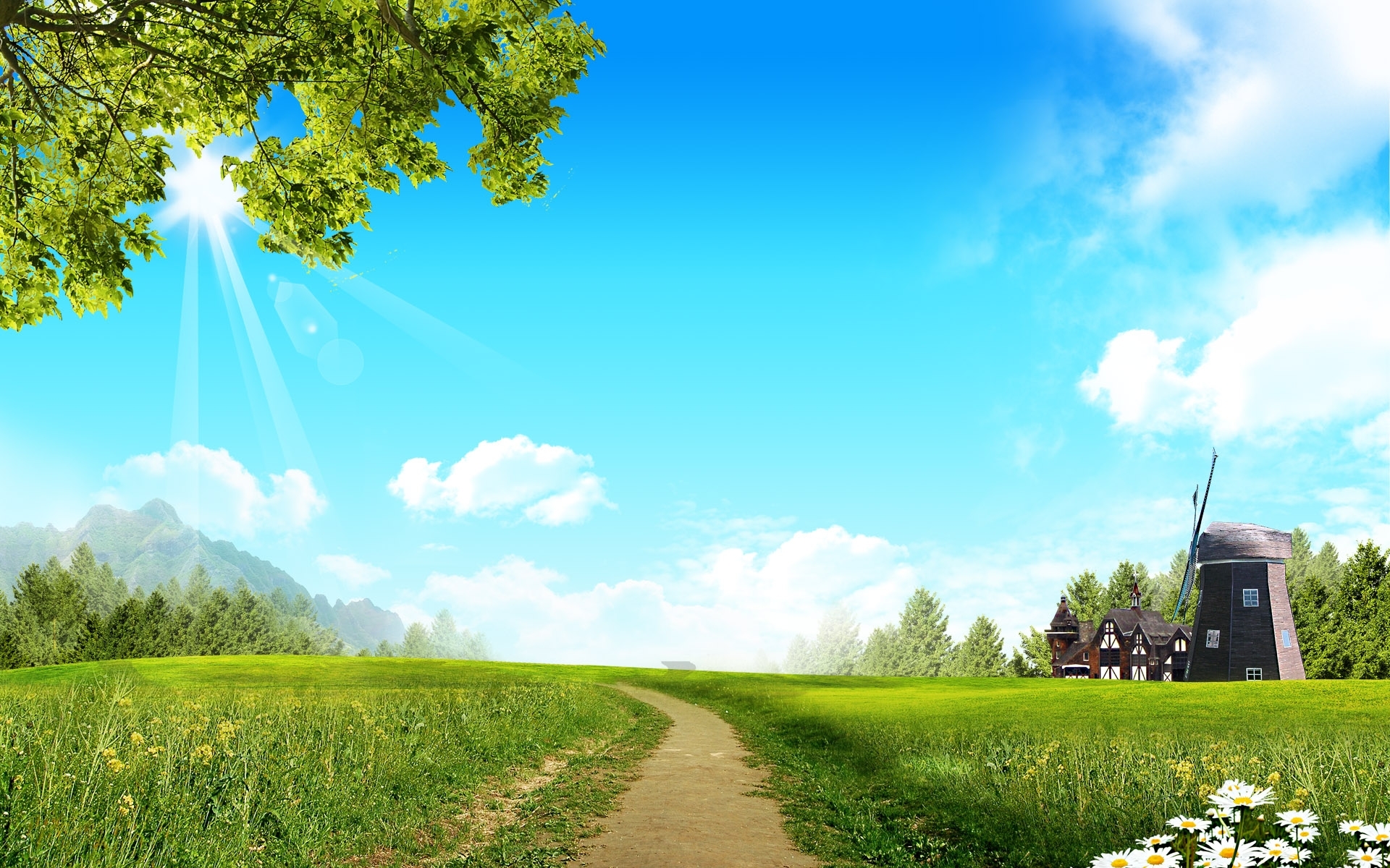 landscape, fields, roads, turquoise HD wallpaper