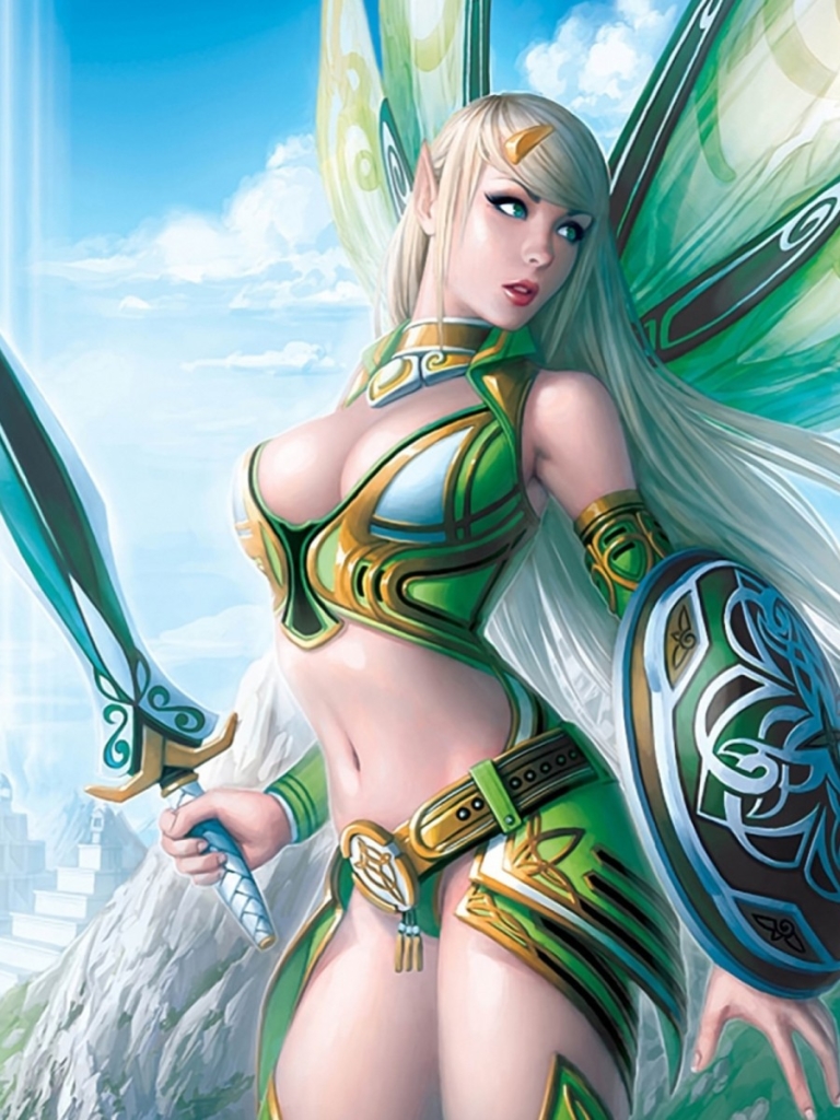Download mobile wallpaper Fantasy, Shield, Wings, Blonde, Elf, Fairy, Sword, Women Warrior, Woman Warrior for free.