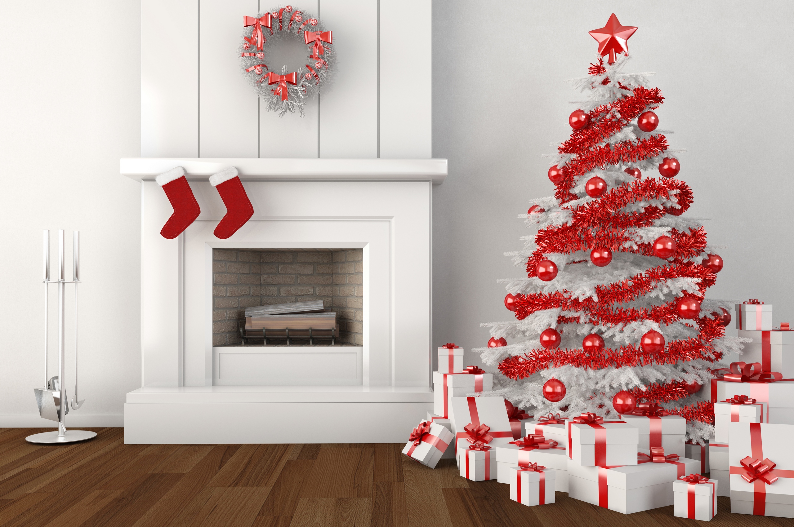 552476壁紙のダウンロードホリデー, クリスマス, クリスマスオーナメント, クリスマスツリー, 暖炉, 贈り物, 赤, 白-スクリーンセーバーと写真を無料で