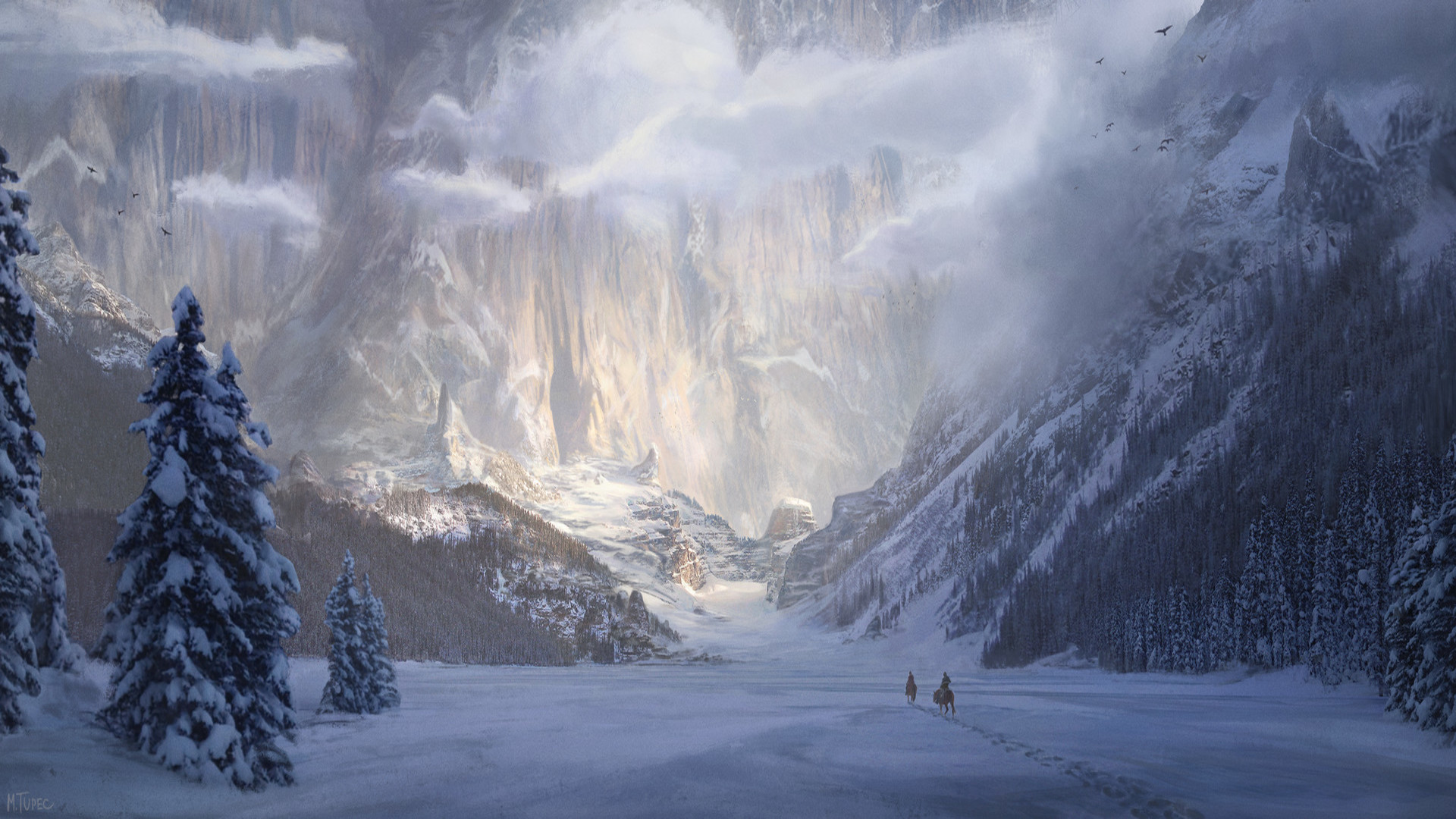 Free download wallpaper Landscape, Fantasy, Snow, Mountain, Tree, Valley, Cloud on your PC desktop