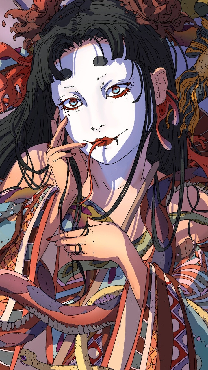 Download mobile wallpaper Fantasy, Flower, Snake, Makeup, Geisha, Asian, Black Hair for free.