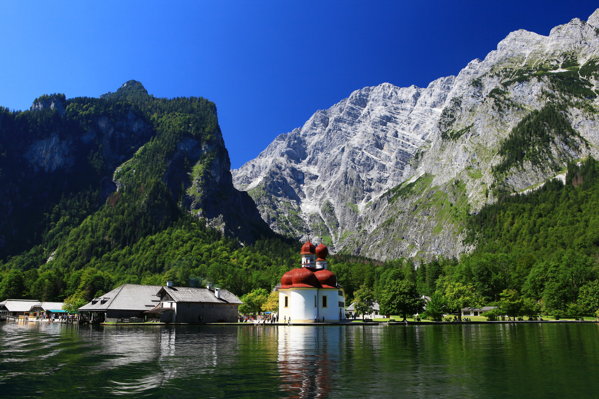 Скачать обои бесплатно Озеро, Церковь, Германия, Бавария, Религиозные, Баварские Альпы картинка на рабочий стол ПК