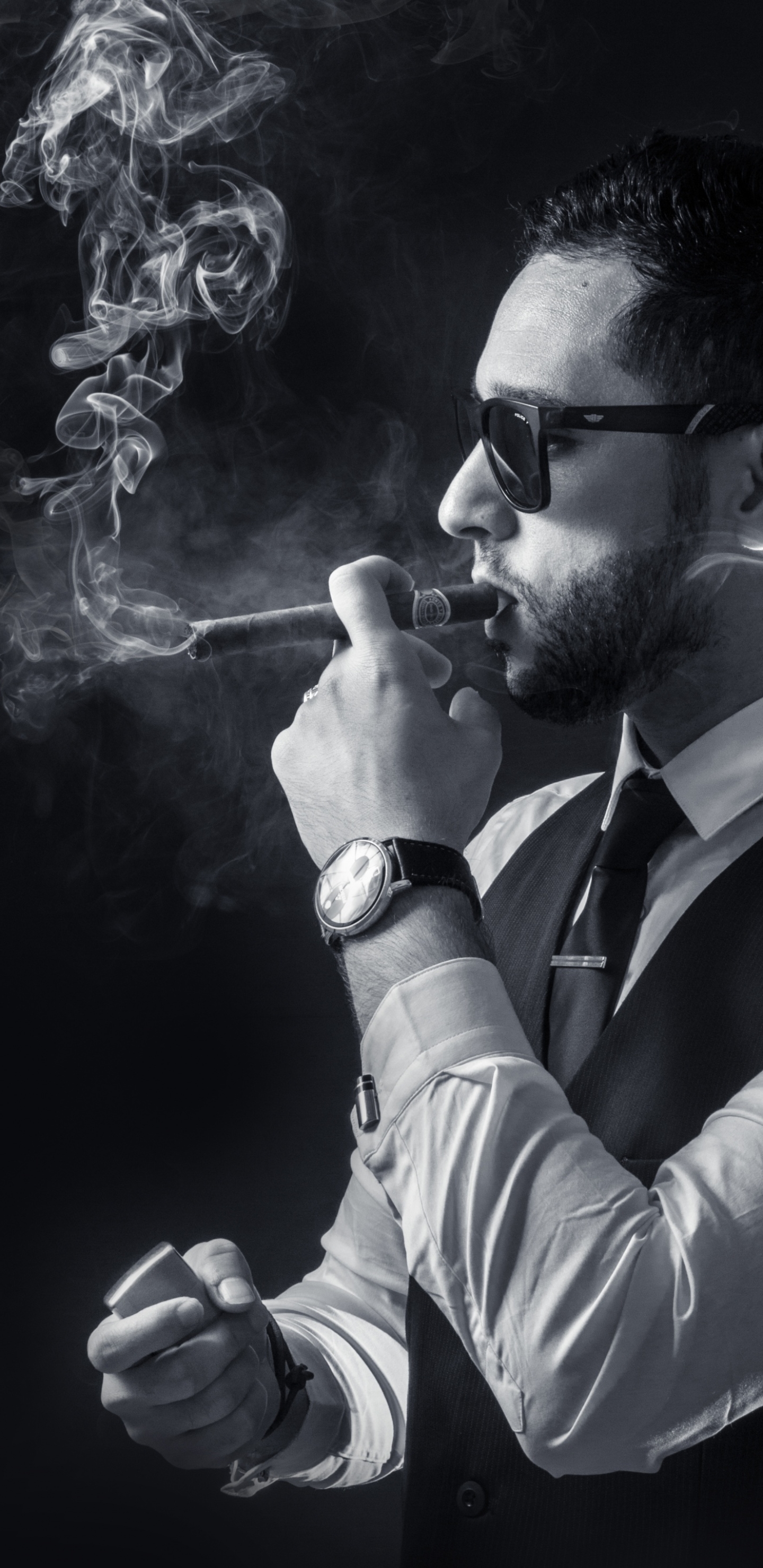 Download mobile wallpaper Smoke, Men, Monochrome, Photography, Sunglasses, Smoking, Cigar for free.