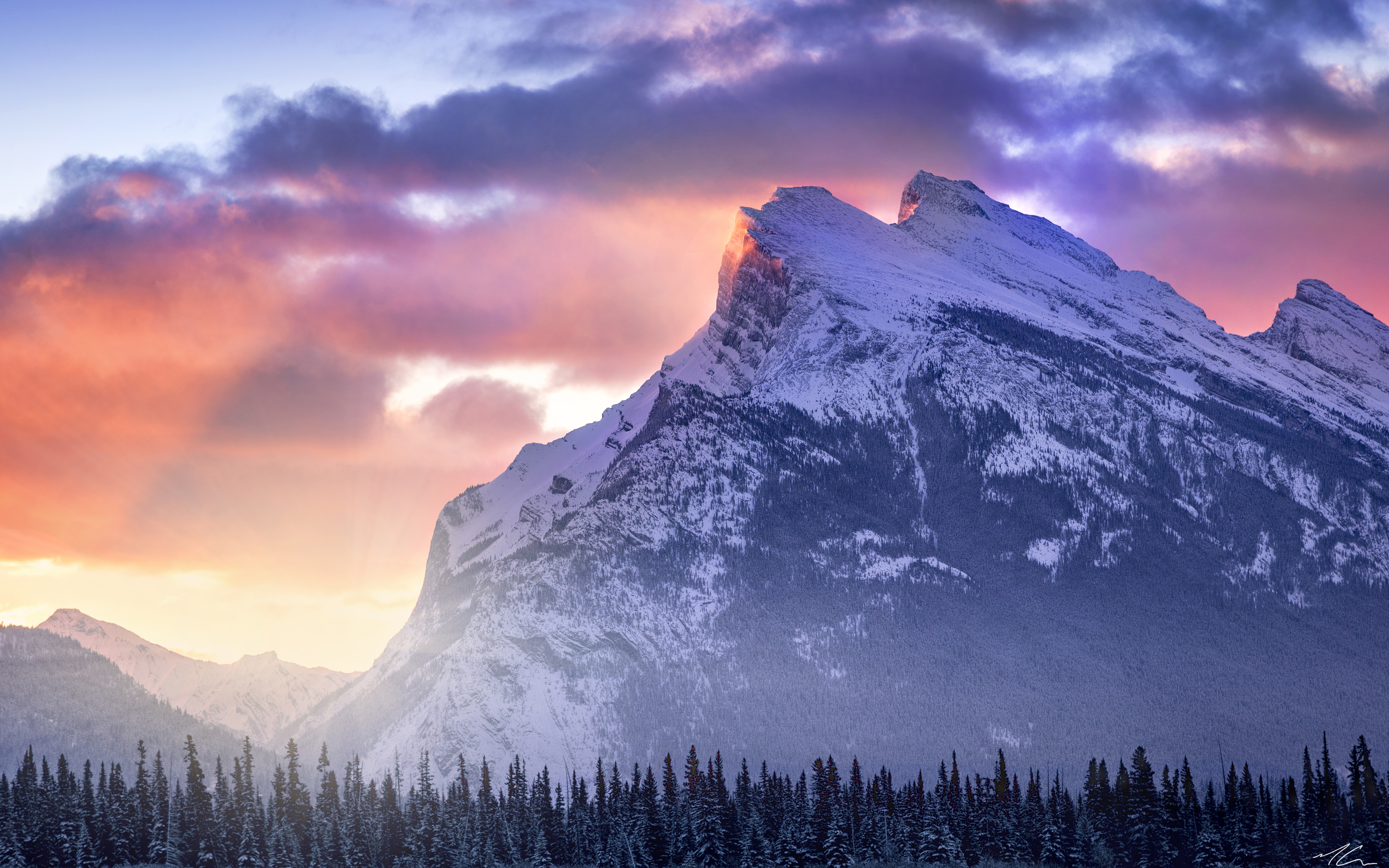 earth, mountain, cloud, pine, snow, sunset, mountains HD wallpaper