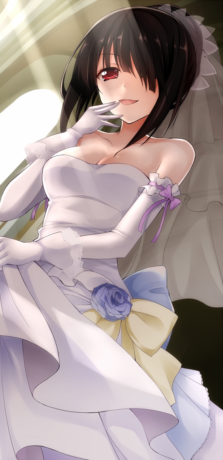 Handy-Wallpaper Lächeln, Handschuh, Kleid, Braut, Hochzeitskleid, Animes, Schwarzes Haar, Weißes Kleid, Datum A Live, Kurumi Tokisaki kostenlos herunterladen.