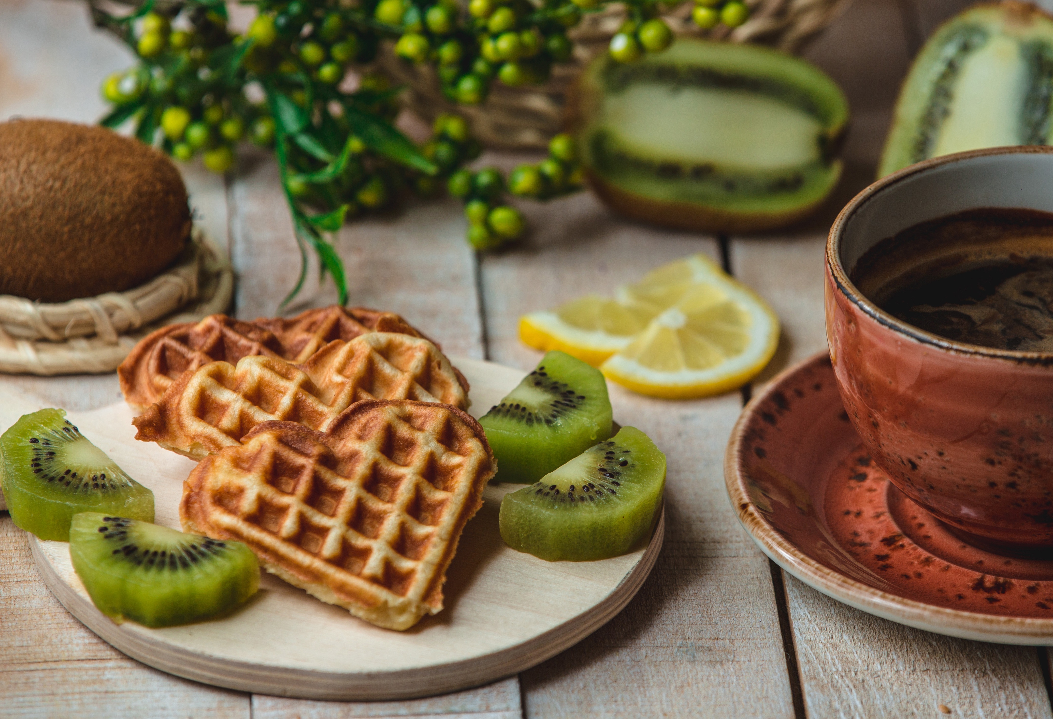 Download mobile wallpaper Food, Kiwi, Coffee, Still Life, Cup, Fruit, Waffle, Breakfast, Heart Shaped for free.