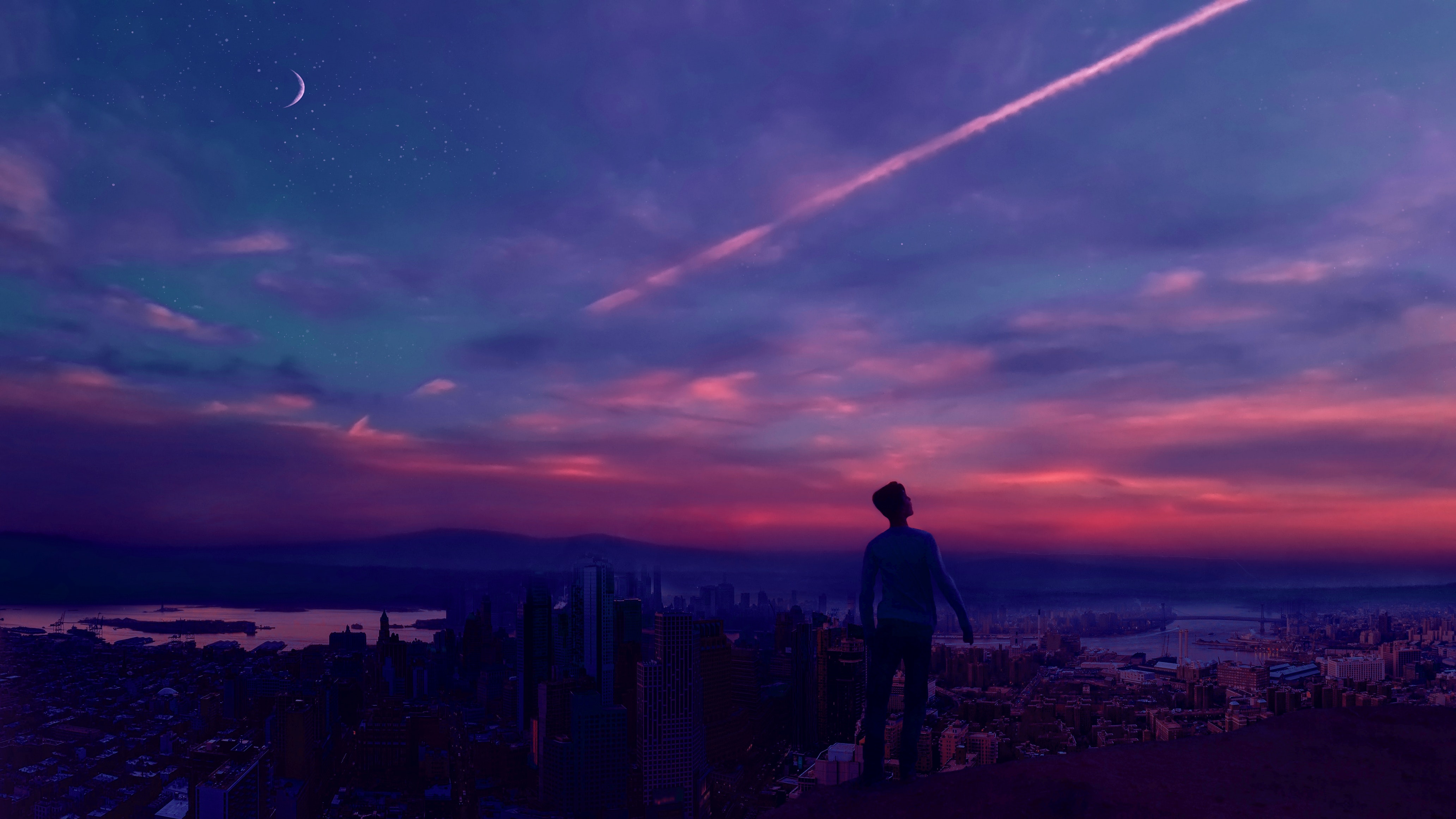 Free download wallpaper Sky, Height, Roof, Person, Sunset, Overview, Review, Human, Loneliness, Dark on your PC desktop