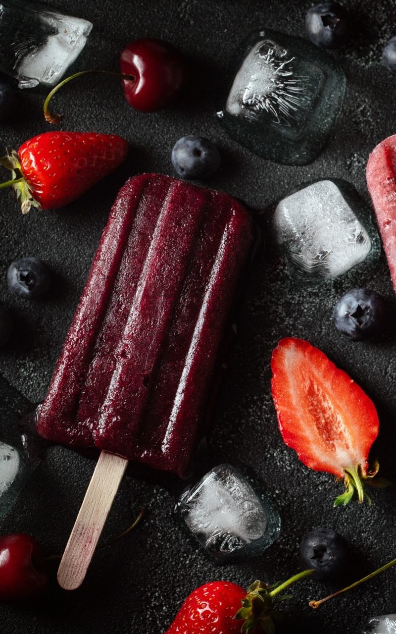 Download mobile wallpaper Food, Strawberry, Cherry, Berry, Fruit, Popsicle, Ice Cube for free.