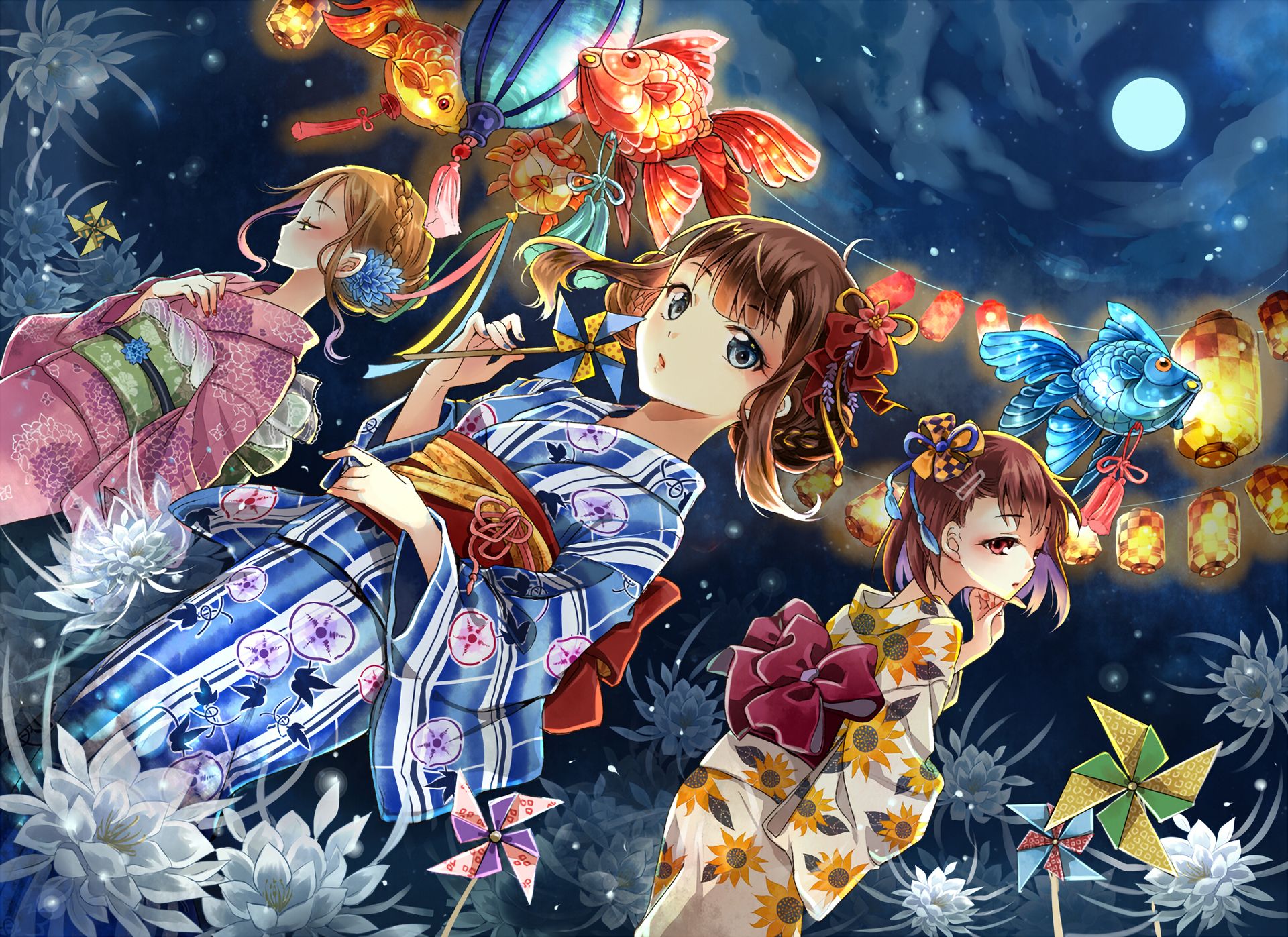 anime, original, aqua eyes, festival, fish, flower, kimono, lantern, moon, night, ribbon, yukata