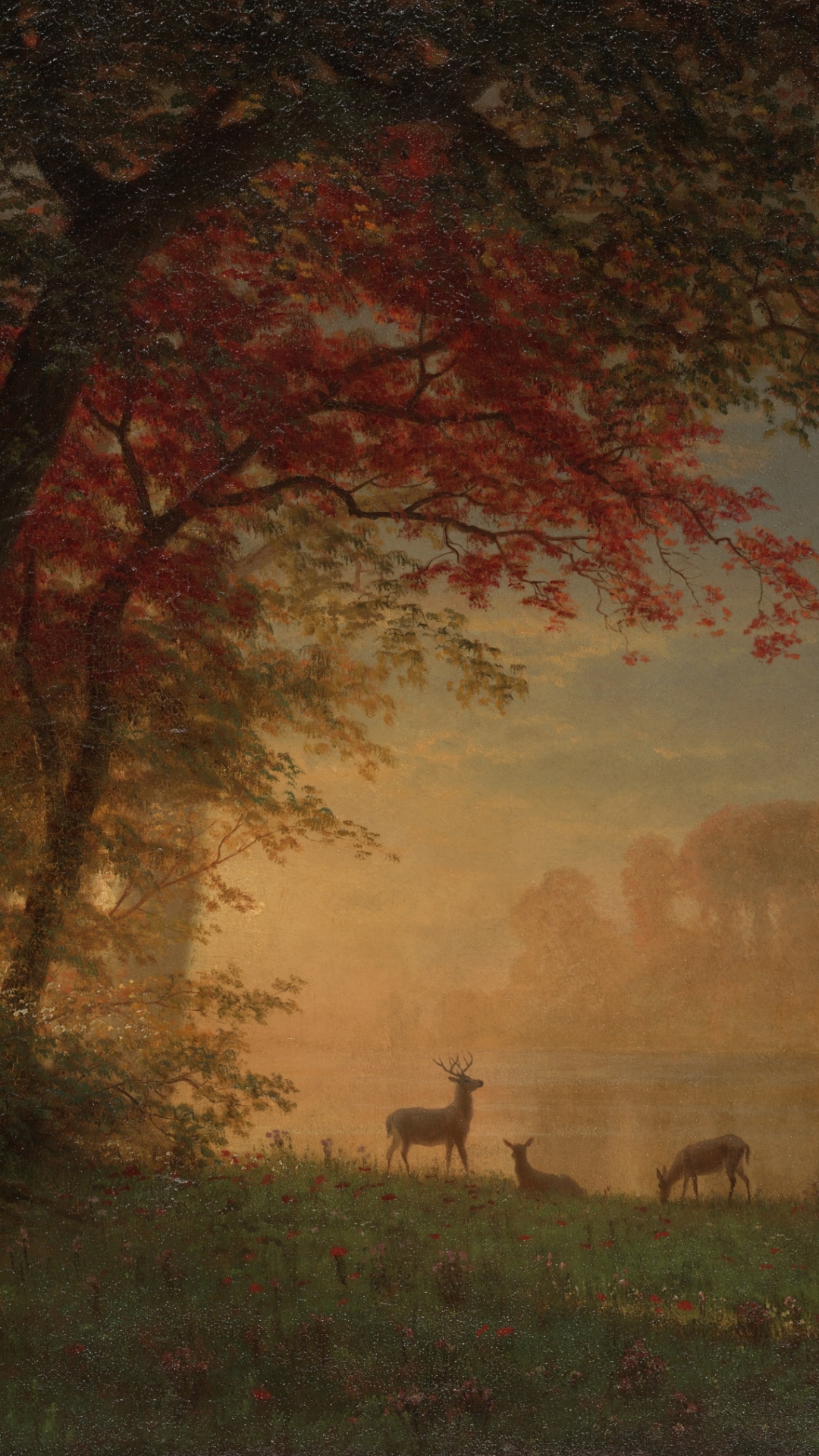 Download mobile wallpaper Landscape, Lake, Tree, Deer, Artistic for free.