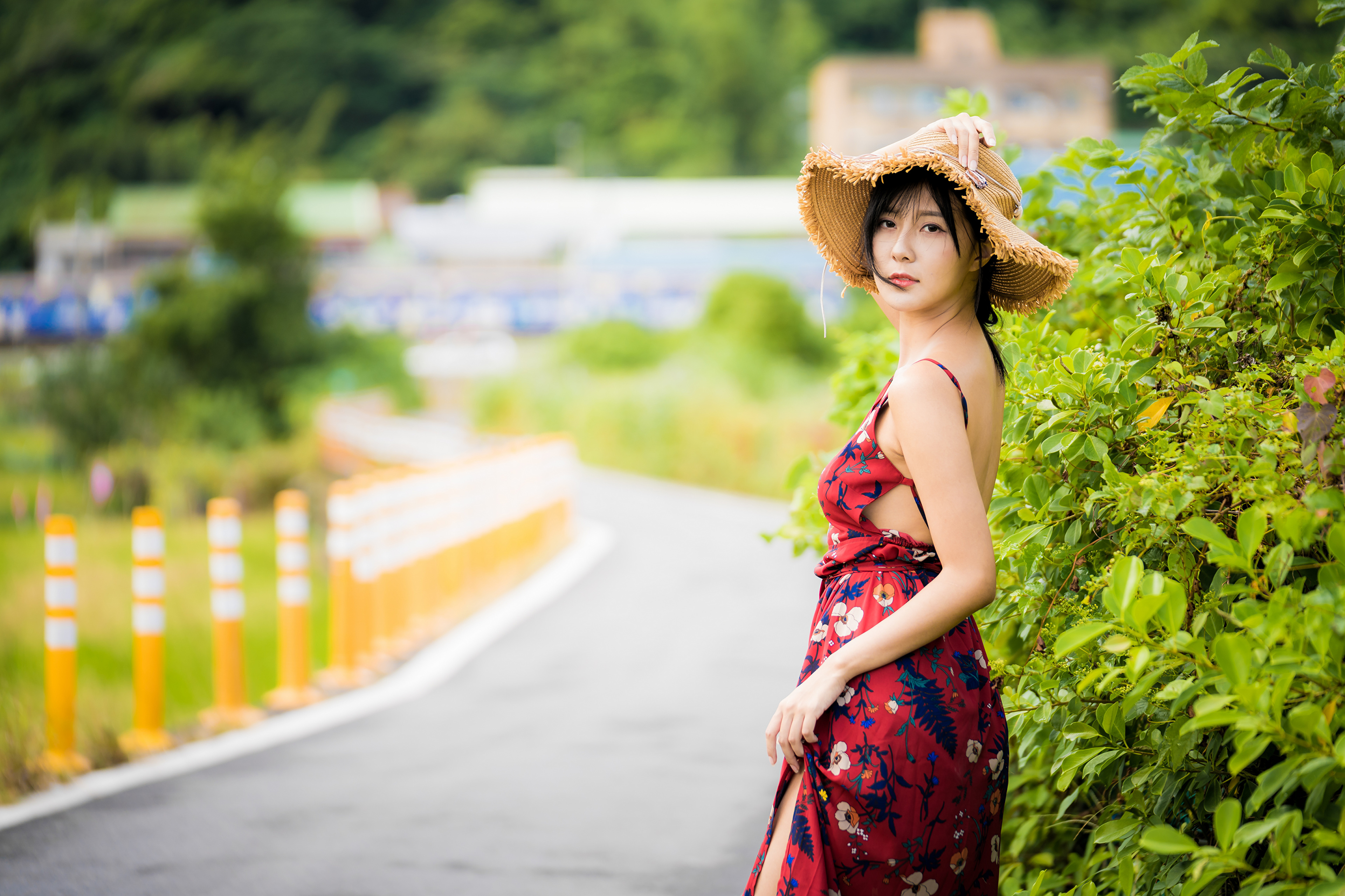 Download mobile wallpaper Hat, Dress, Model, Women, Asian, Black Hair, Depth Of Field for free.