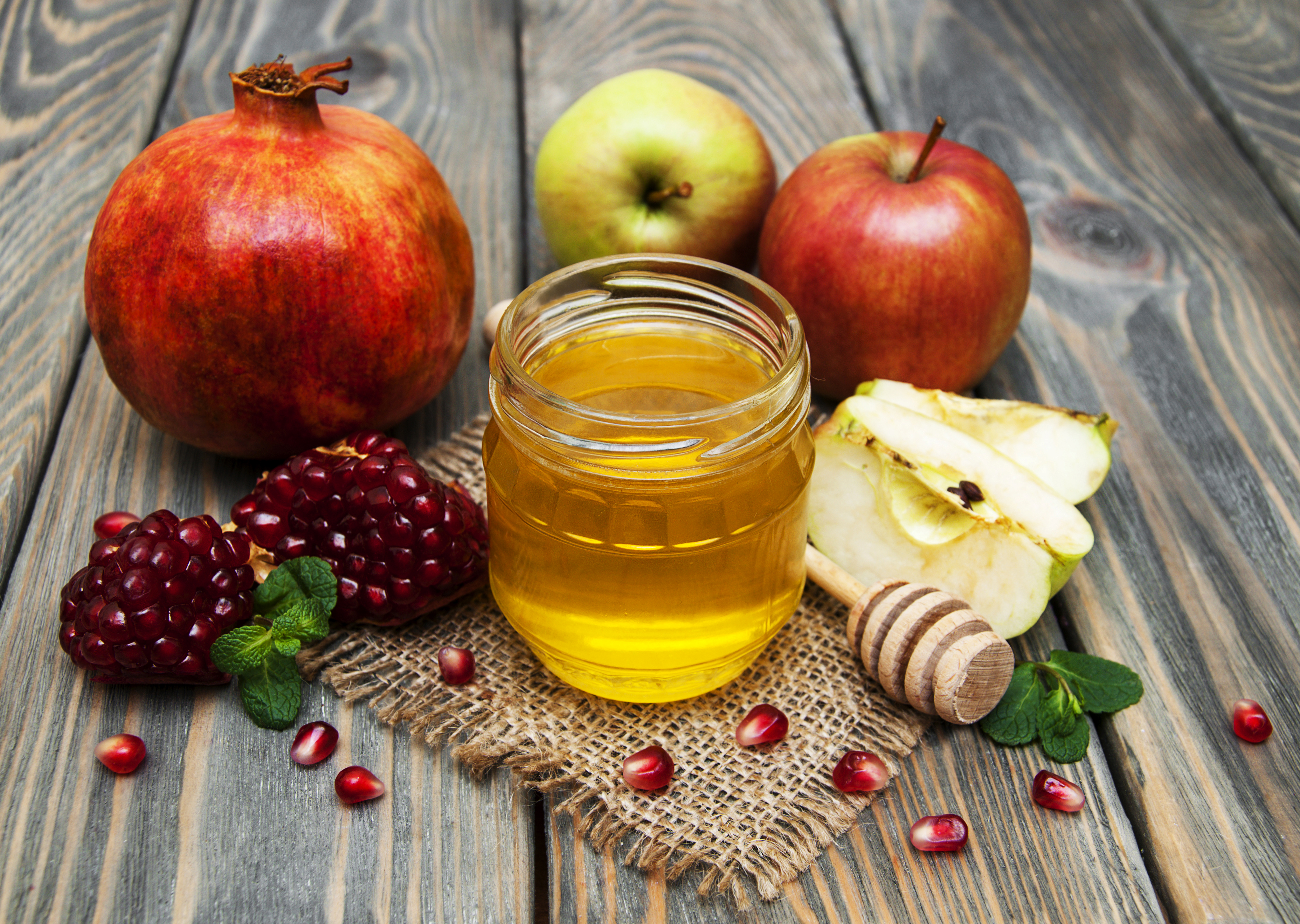 Download mobile wallpaper Food, Apple, Still Life, Fruit, Honey, Pomegranate for free.