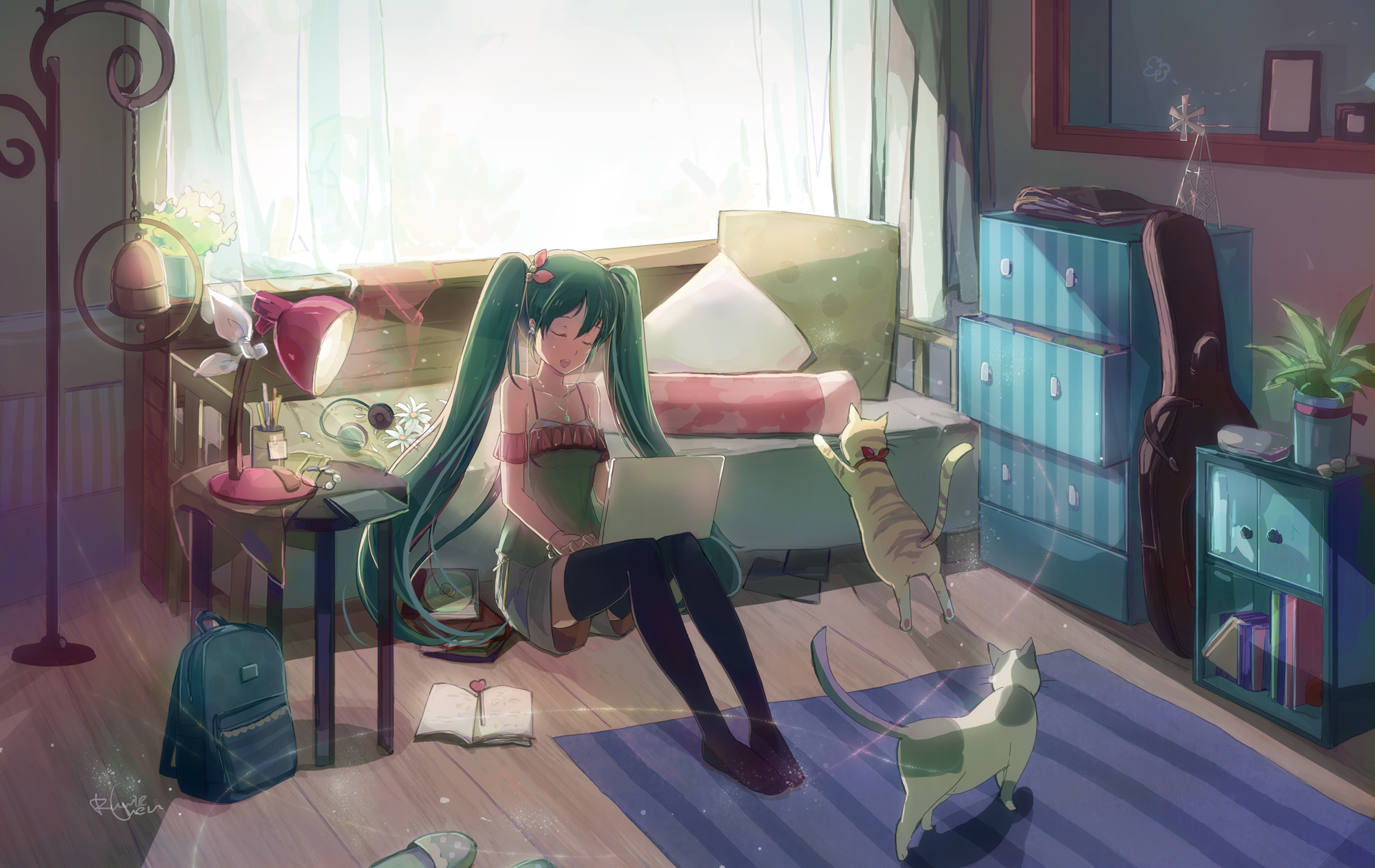 Download mobile wallpaper Anime, Cat, Vocaloid, Laptop, Living Room, Hatsune Miku, Couch for free.