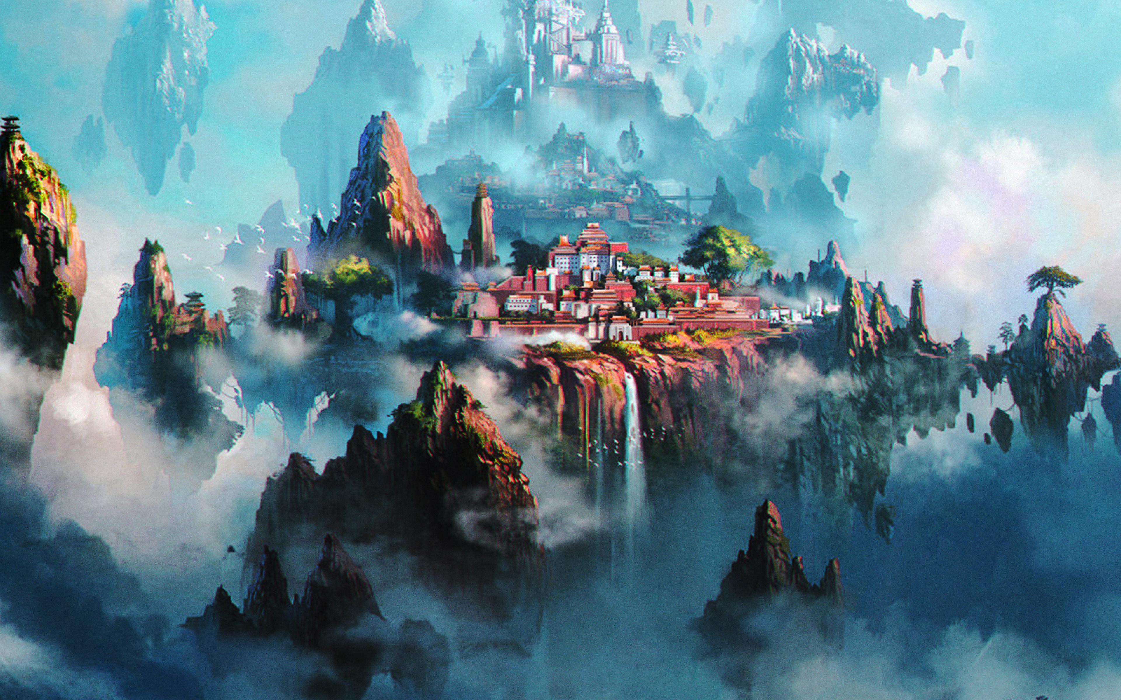 Download mobile wallpaper Fantasy, City, Waterfall, Cloud, Town for free.