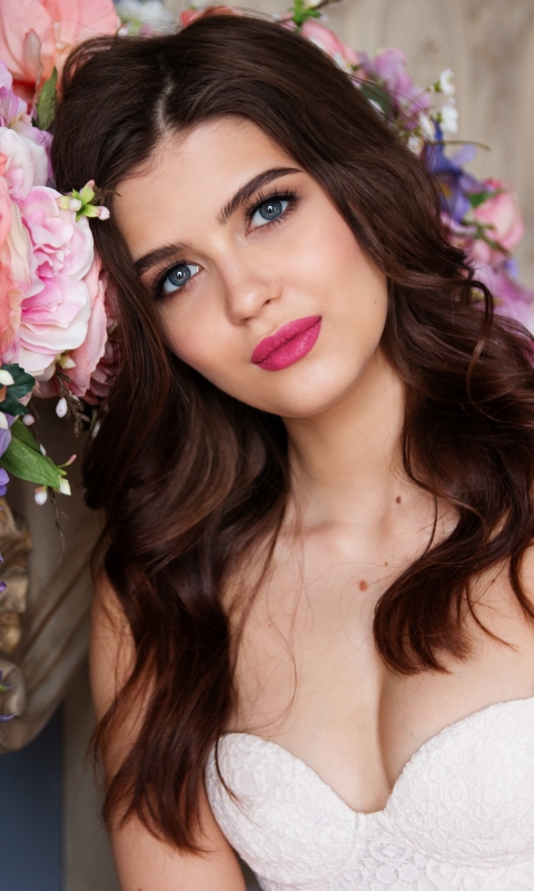 Download mobile wallpaper Flower, Brunette, Bride, Model, Women, Blue Eyes, Lipstick for free.