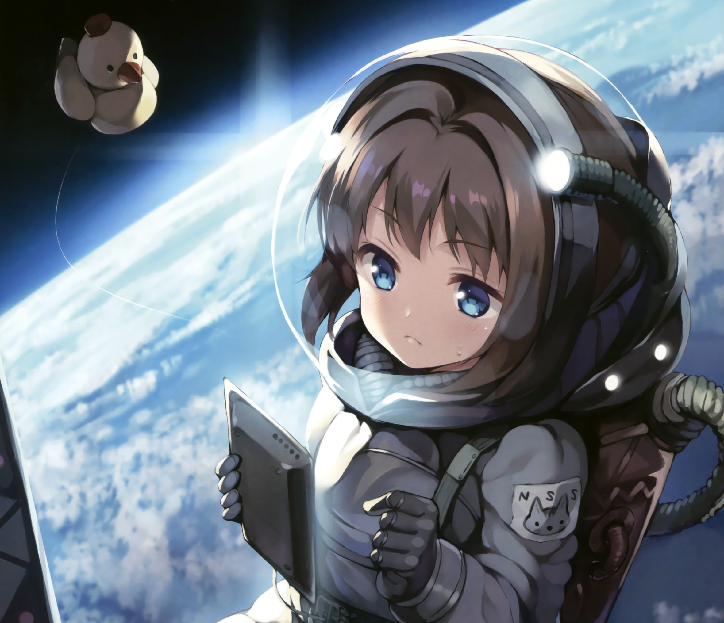 anime, astronaut, blue eyes, brown hair, earth, short hair, spacesuit