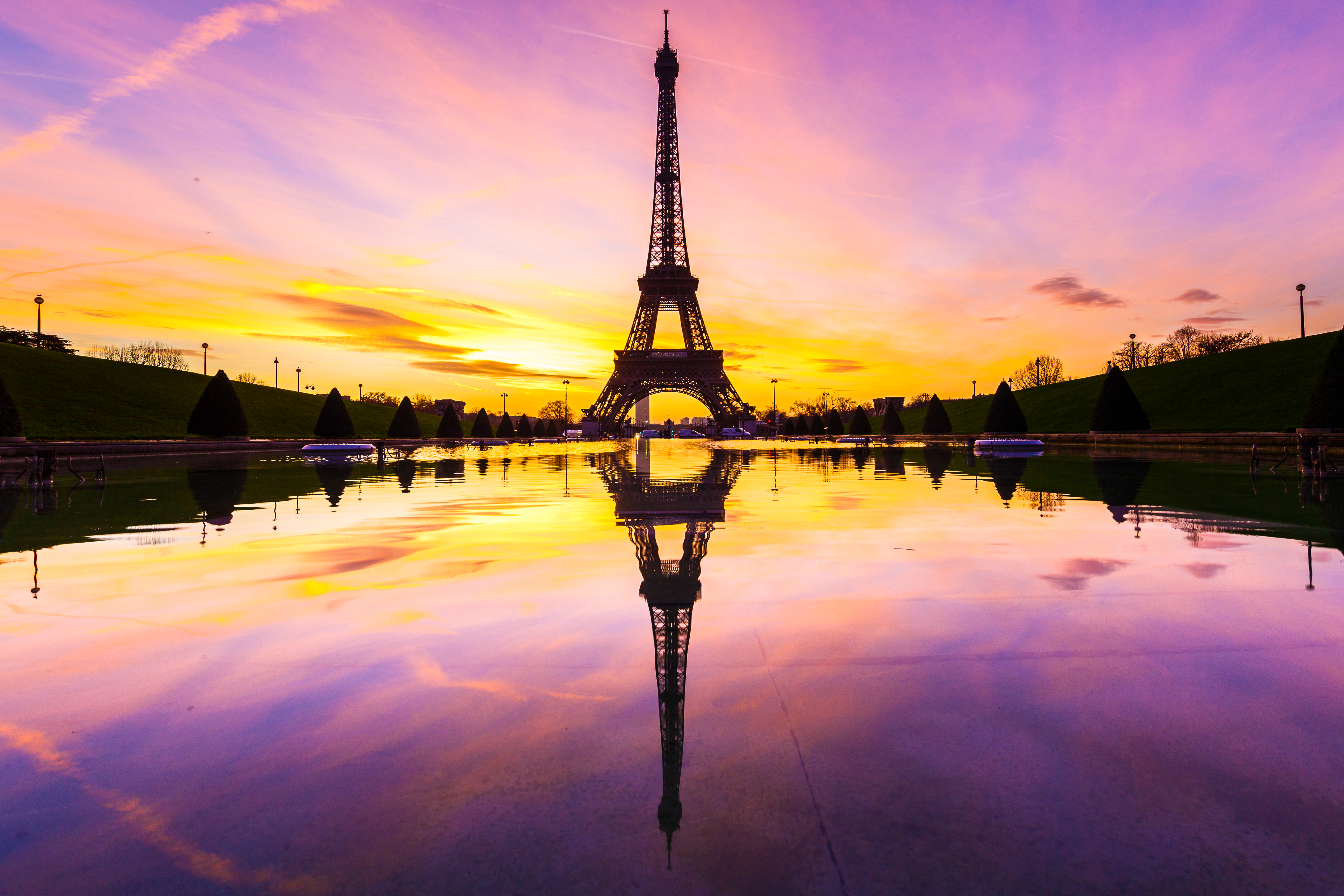 paris, man made, eiffel tower, dawn, monument, reflection, sunrise, monuments