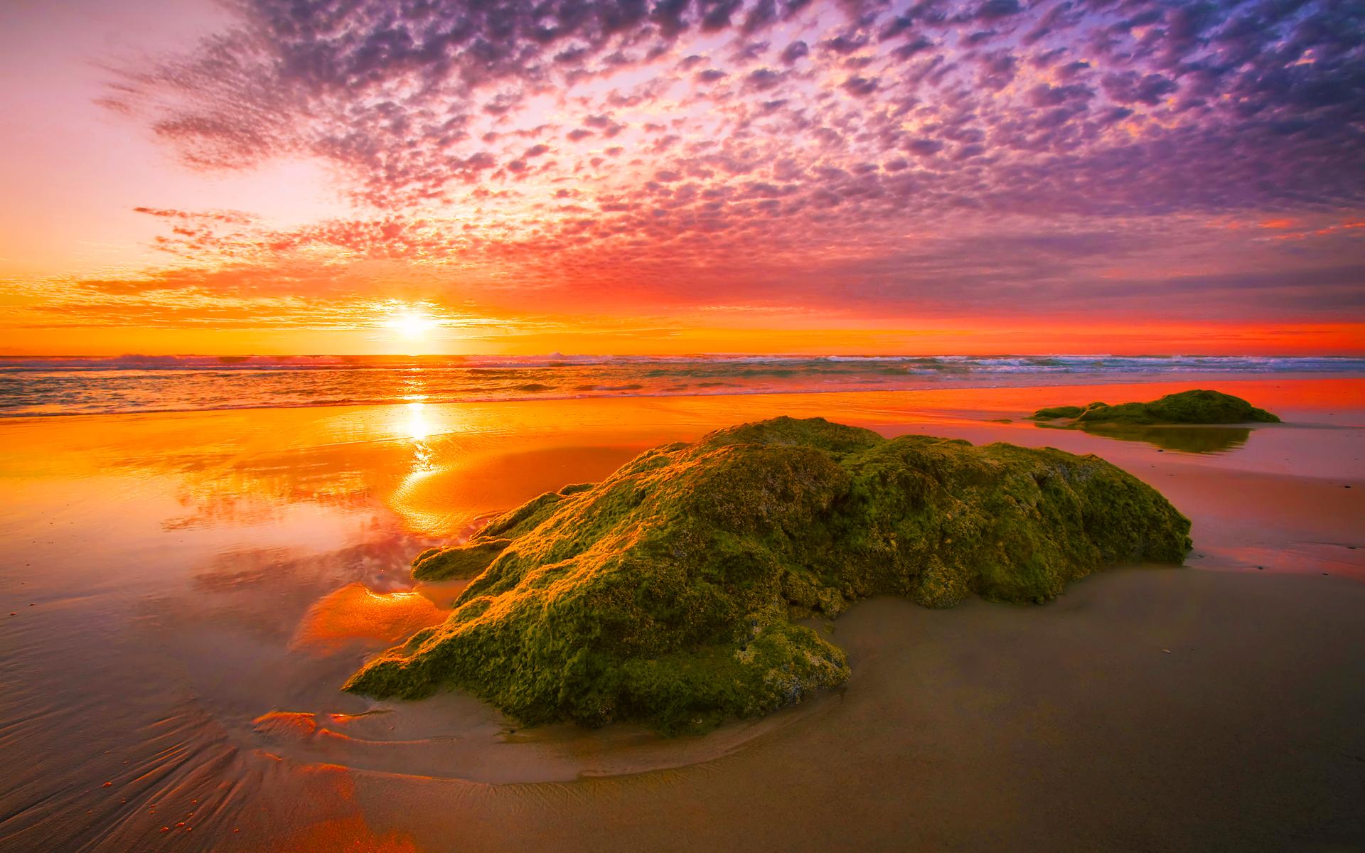 Download mobile wallpaper Sunset, Sky, Beach, Sand, Gold, Horizon, Ocean, Earth, Purple, Orange (Color) for free.