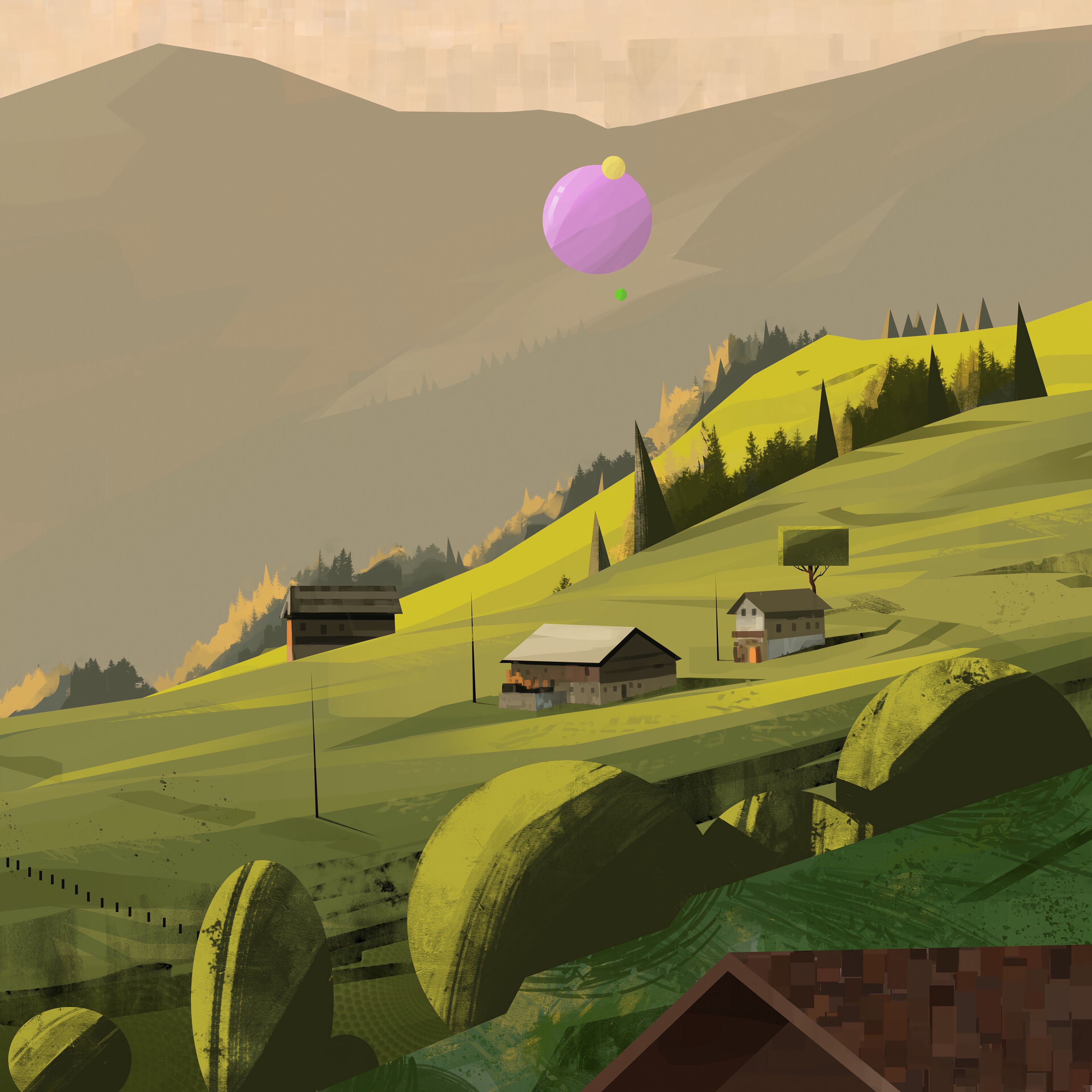 Full HD Wallpaper art, houses, trees, mountains, village, slope