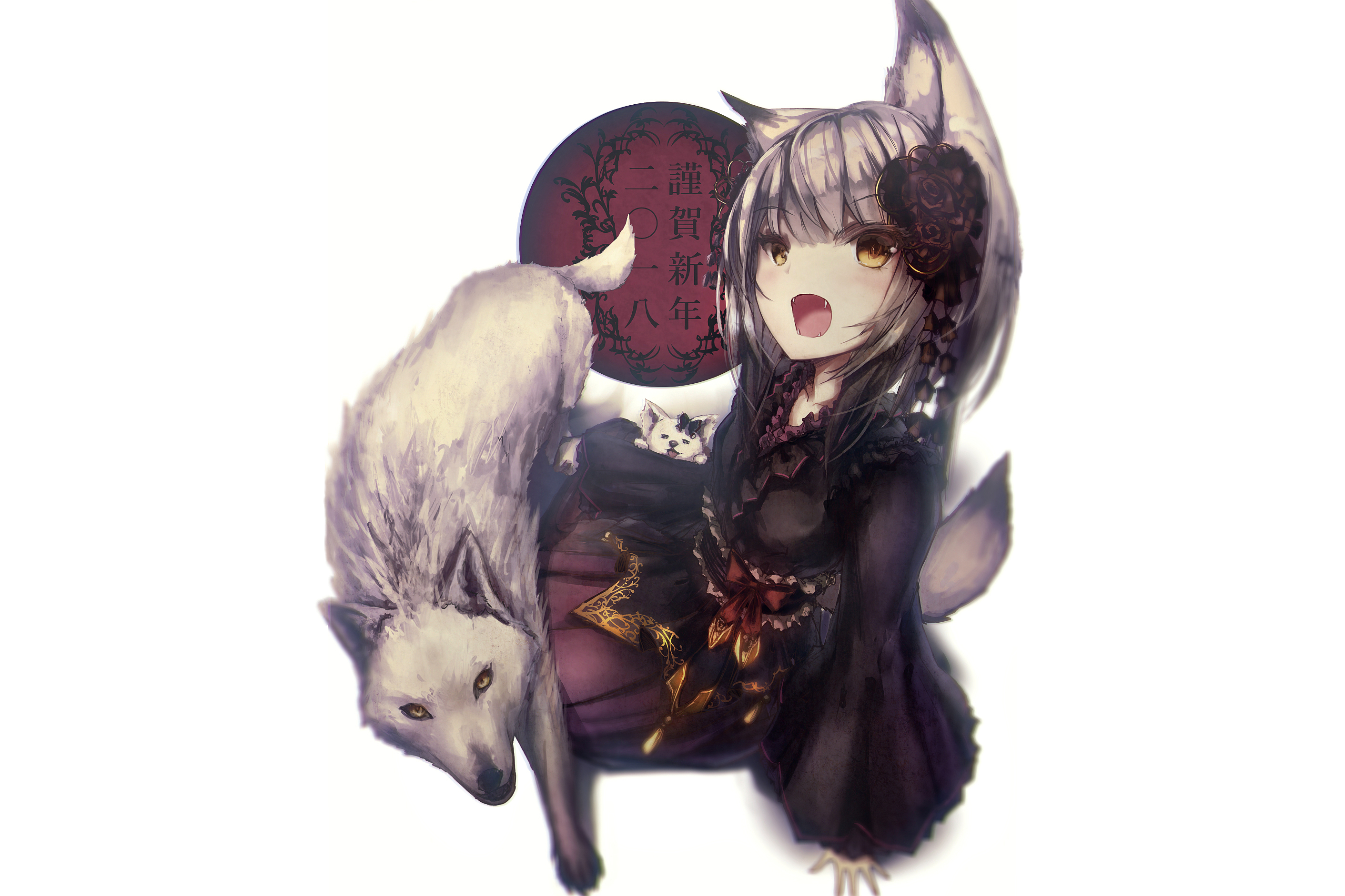 Download mobile wallpaper Anime, Flower, Wolf, Fangs, Original, Japanese Clothes, Nekomimi for free.