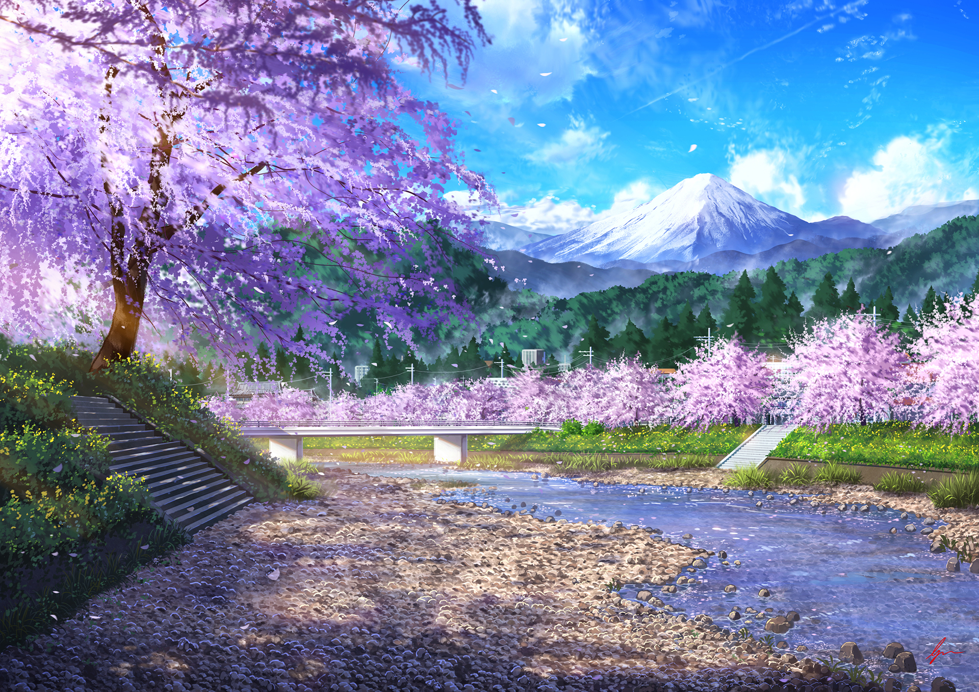 PCデスクトップに川, 桜の花, アニメ, オリジナル画像を無料でダウンロード