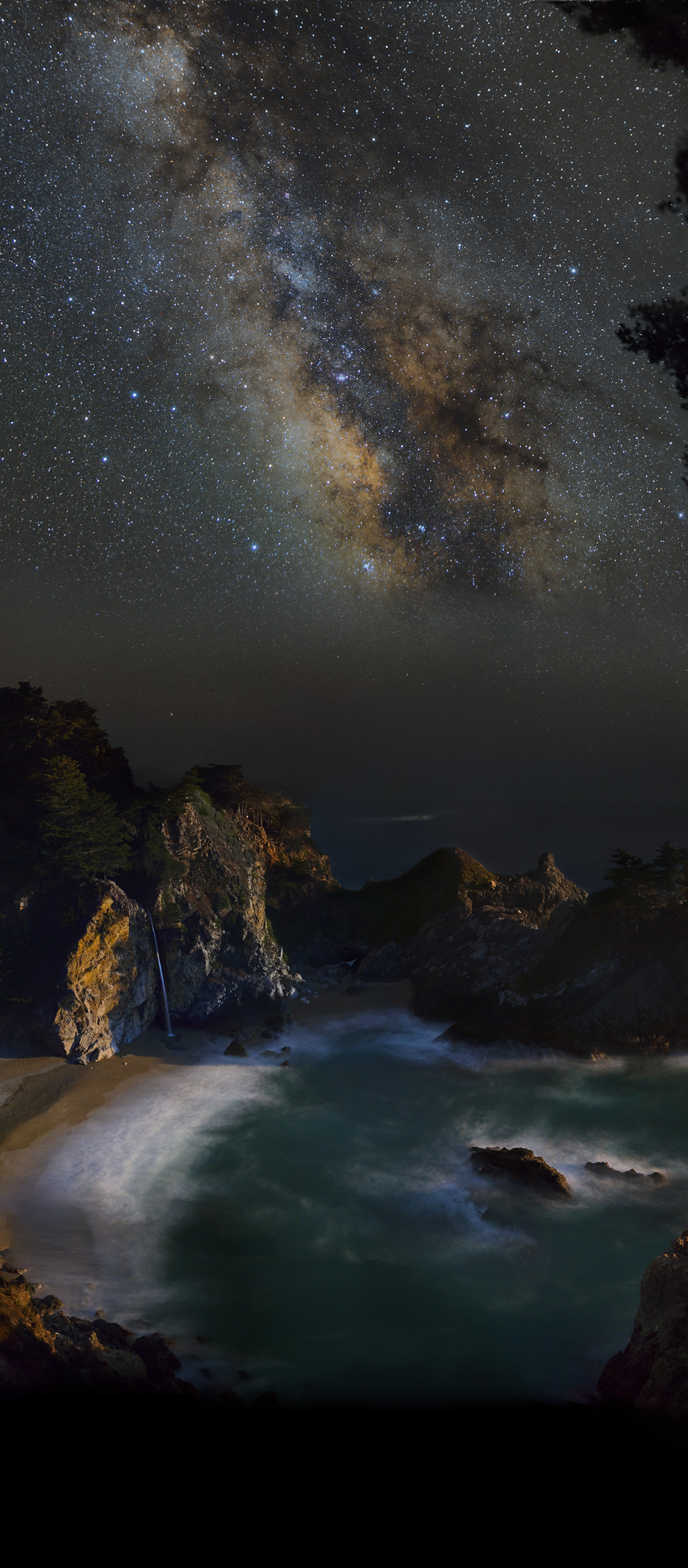 Download mobile wallpaper Sky, Stars, Night, Mountain, Waterfall, Starry Sky, Earth, Milky Way, California, Big Sur, Mcway Falls for free.