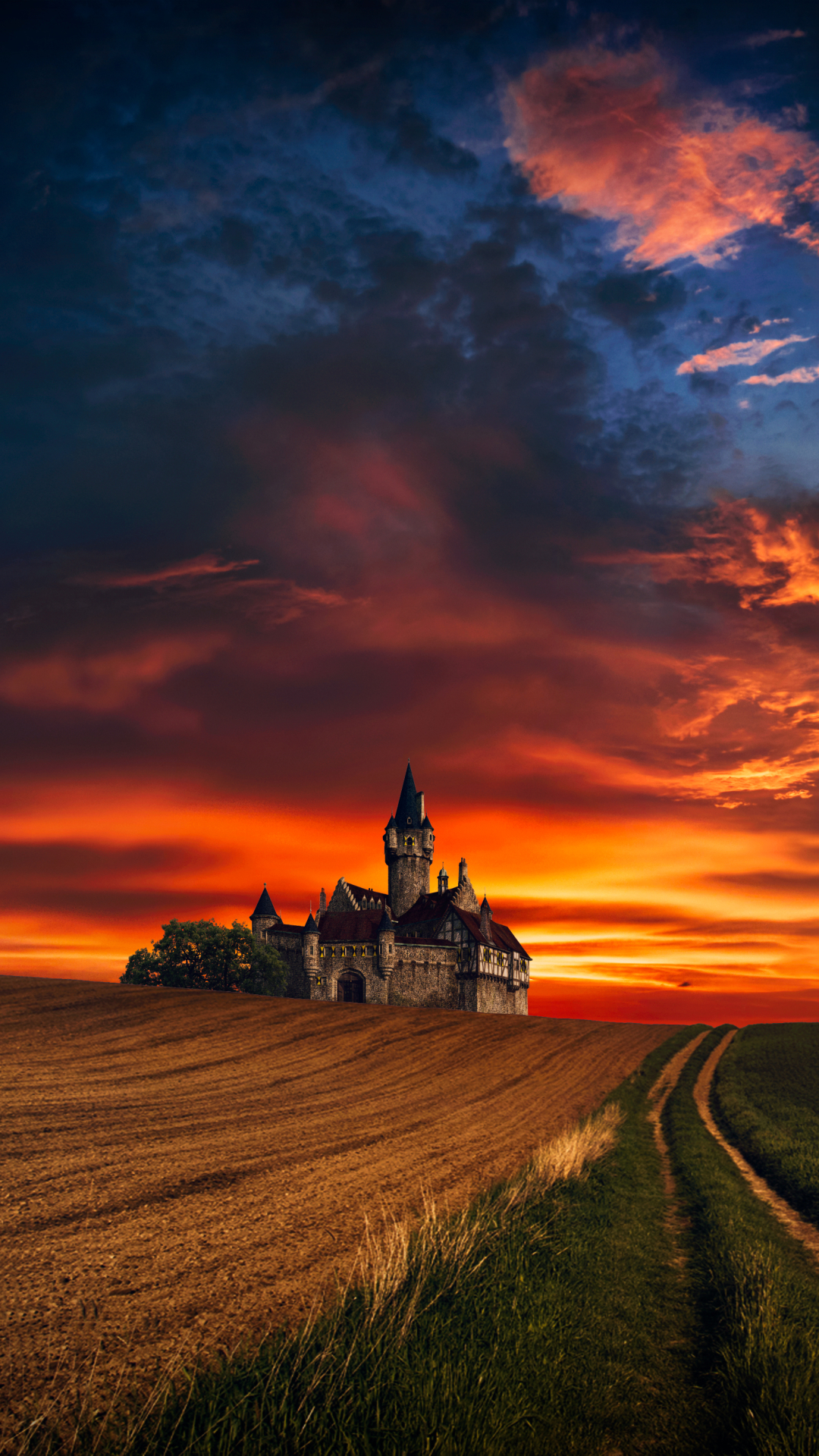 Download mobile wallpaper Fantasy, Sunset, Wheat, Field, Photography, Castle, Manipulation for free.