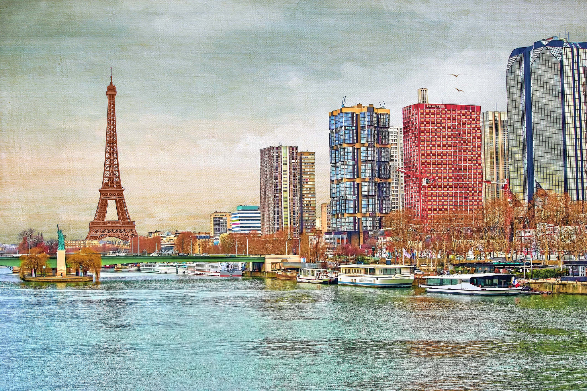 Скачать обои бесплатно Река, Париж, Эйфелева Башня, Город, Франция, Здание, Картина, Небоскрёб, Художественные картинка на рабочий стол ПК