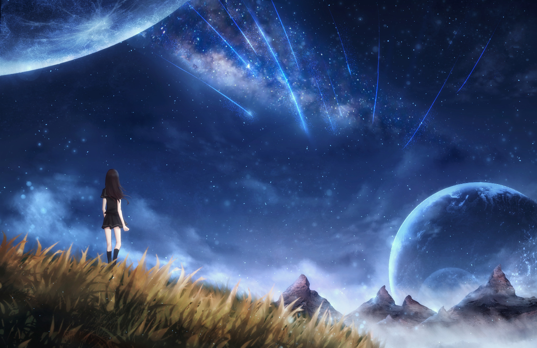 Laden Sie das Landschaft, Sterne, Planet, Komet, Original, Himmel, Animes-Bild kostenlos auf Ihren PC-Desktop herunter