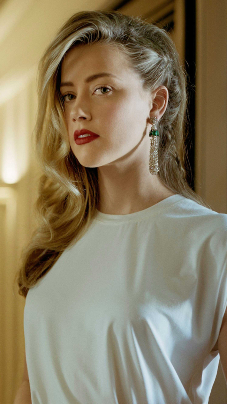 Download mobile wallpaper Blonde, Earrings, Blue Eyes, American, Celebrity, Actress, Lipstick, Amber Heard, Depth Of Field for free.