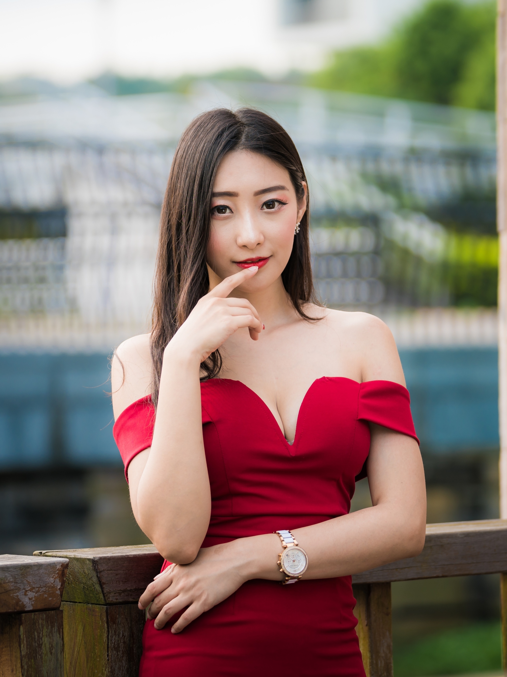 Download mobile wallpaper Brunette, Model, Women, Asian, Red Dress, Depth Of Field for free.